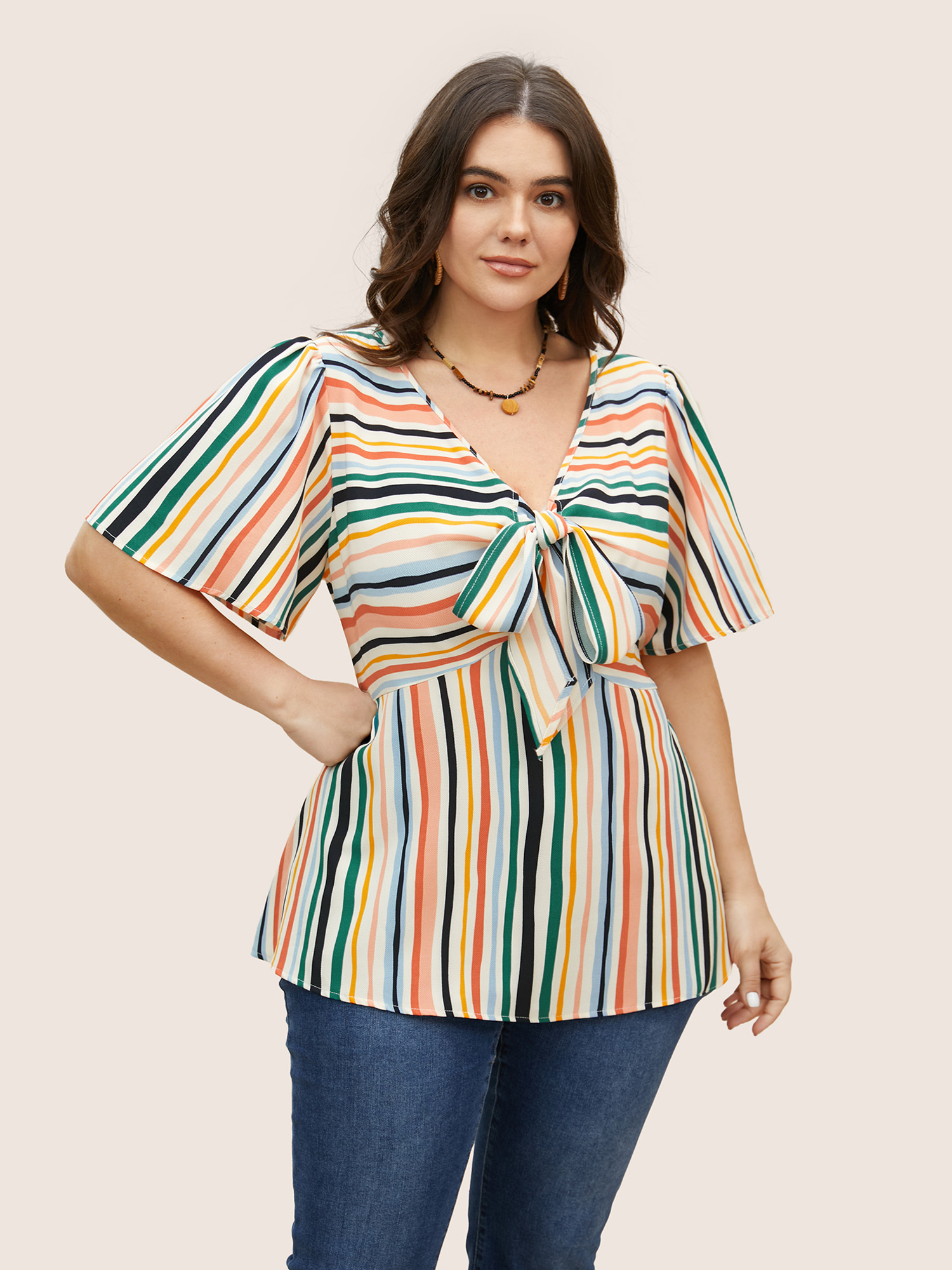 

Plus Size Multicolor Striped Tie Knot Flutter Sleeve Blouse Women Resort Short sleeve V-neck Vacation Blouses BloomChic