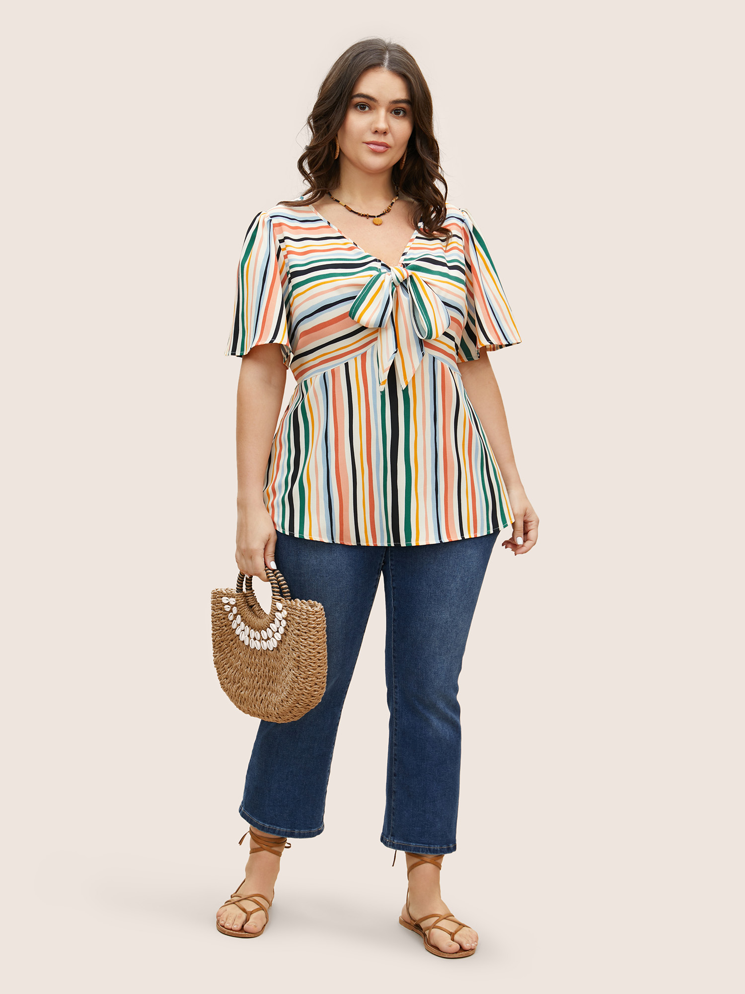 Plus Size Multicolor Striped Tie Knot Flutter Sleeve Blouse Women Resort Short sleeve V-neck Vacation Blouses BloomChic 12/L 