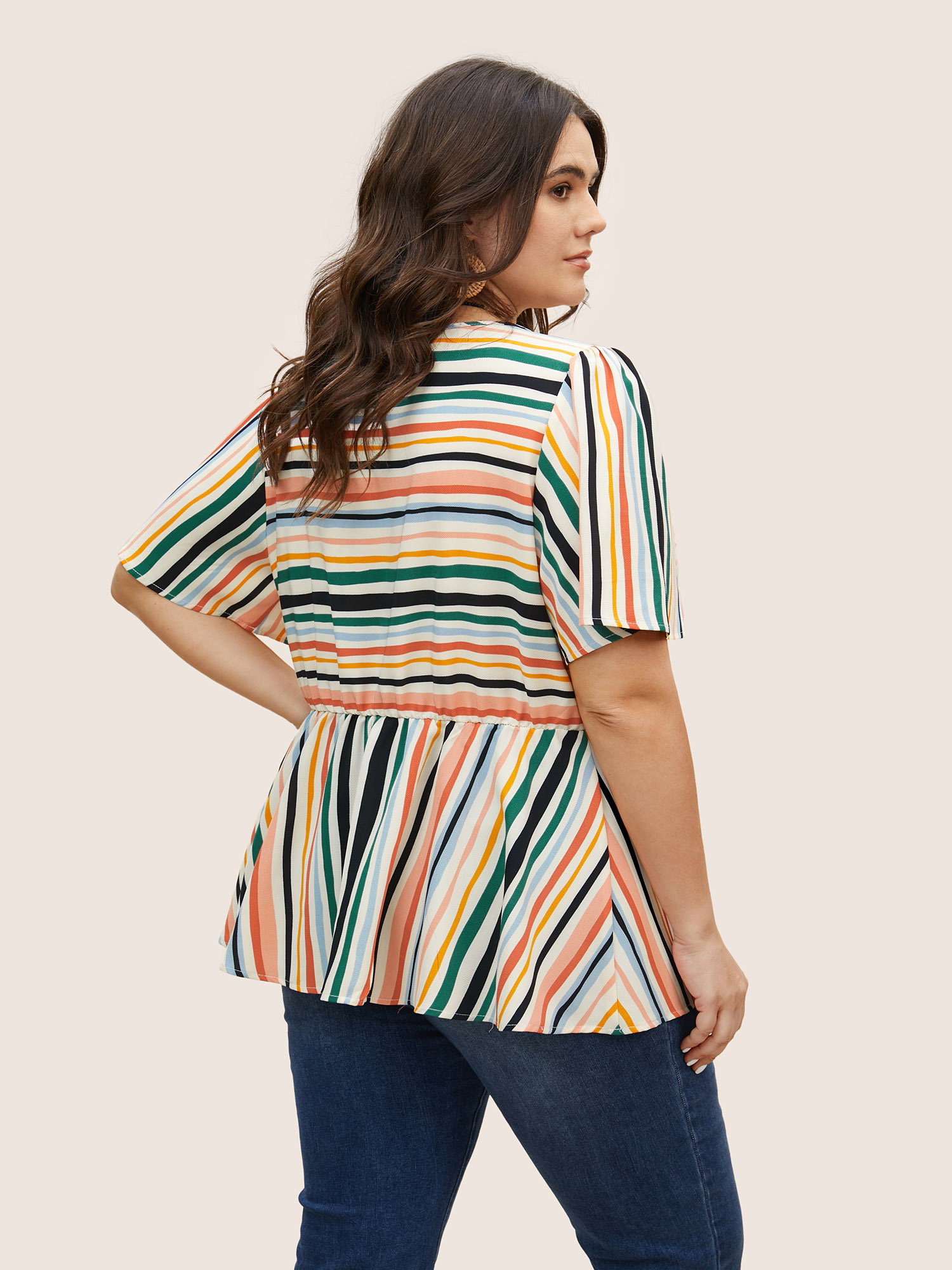Plus Size Multicolor Striped Tie Knot Flutter Sleeve Blouse Women Resort Short sleeve V-neck Vacation Blouses BloomChic 12/L 