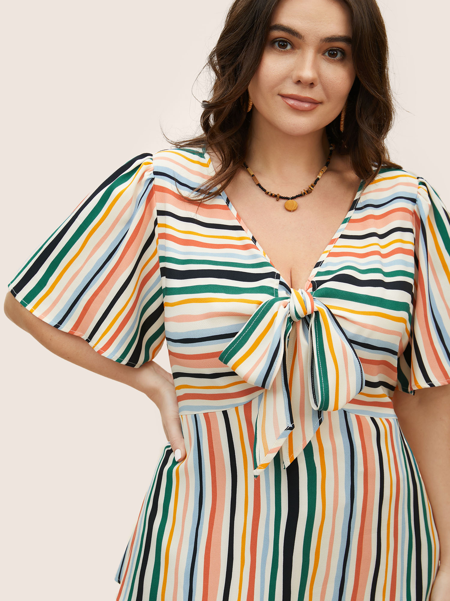 Plus Size Multicolor Striped Tie Knot Flutter Sleeve Blouse Women Resort Short sleeve V-neck Vacation Blouses BloomChic 12/L 