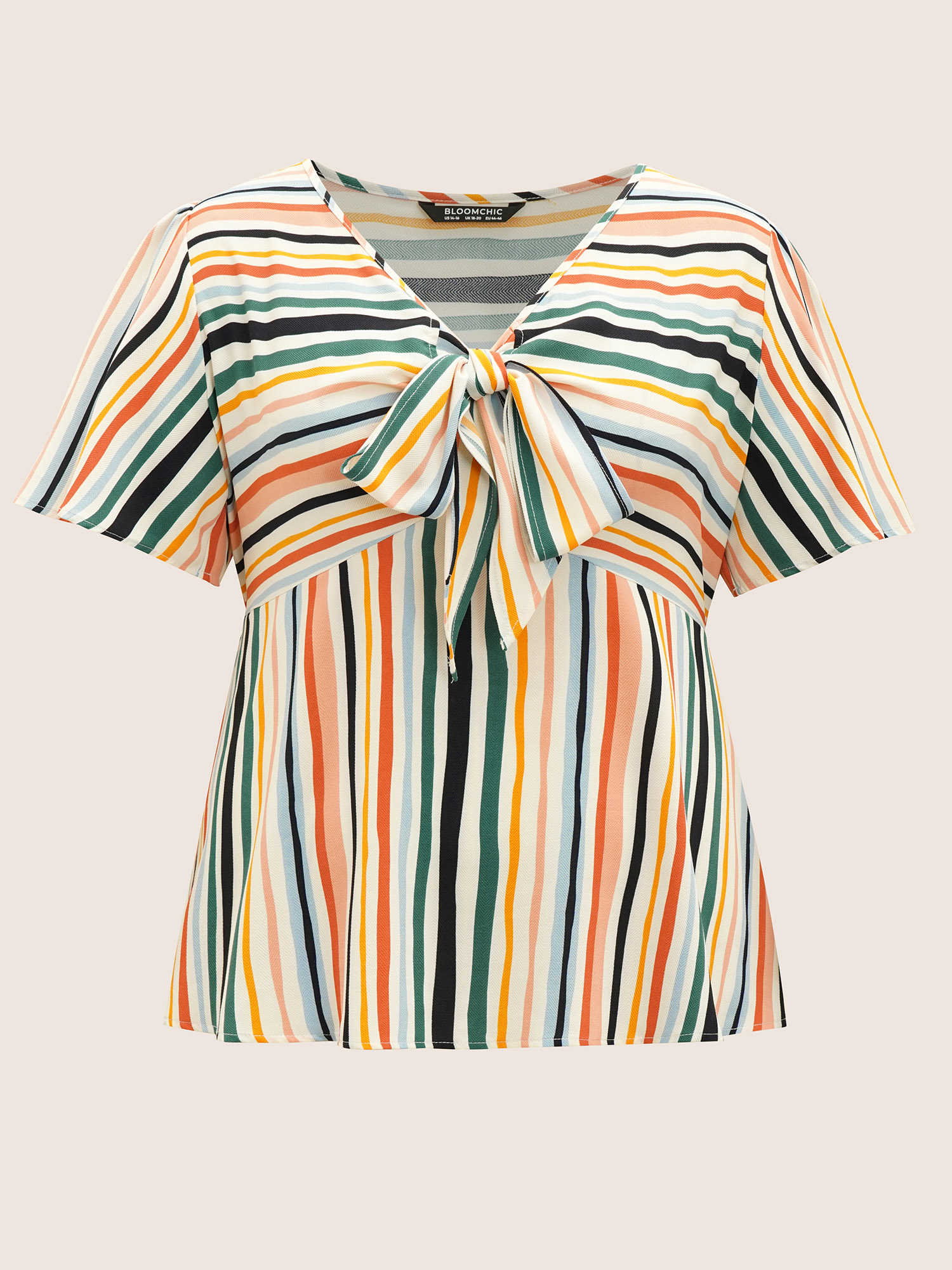 Plus Size Multicolor Striped Tie Knot Flutter Sleeve Blouse Women Resort Short sleeve V-neck Vacation Blouses BloomChic 12/L 