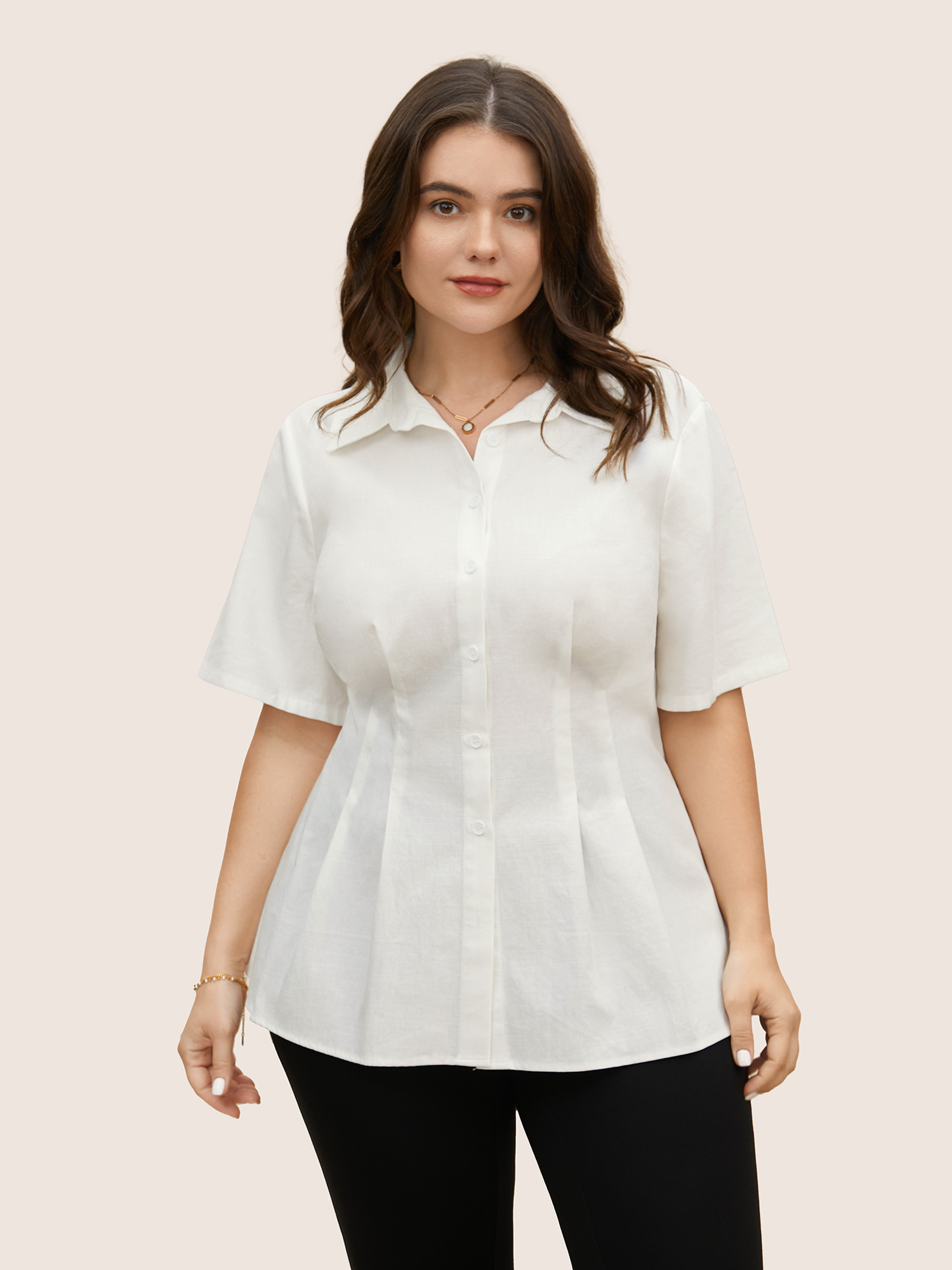 

Plus Size Ivory Plain Shirt Collar Waist Design Blouse Women At the Office Short sleeve Shirt collar Work Blouses BloomChic