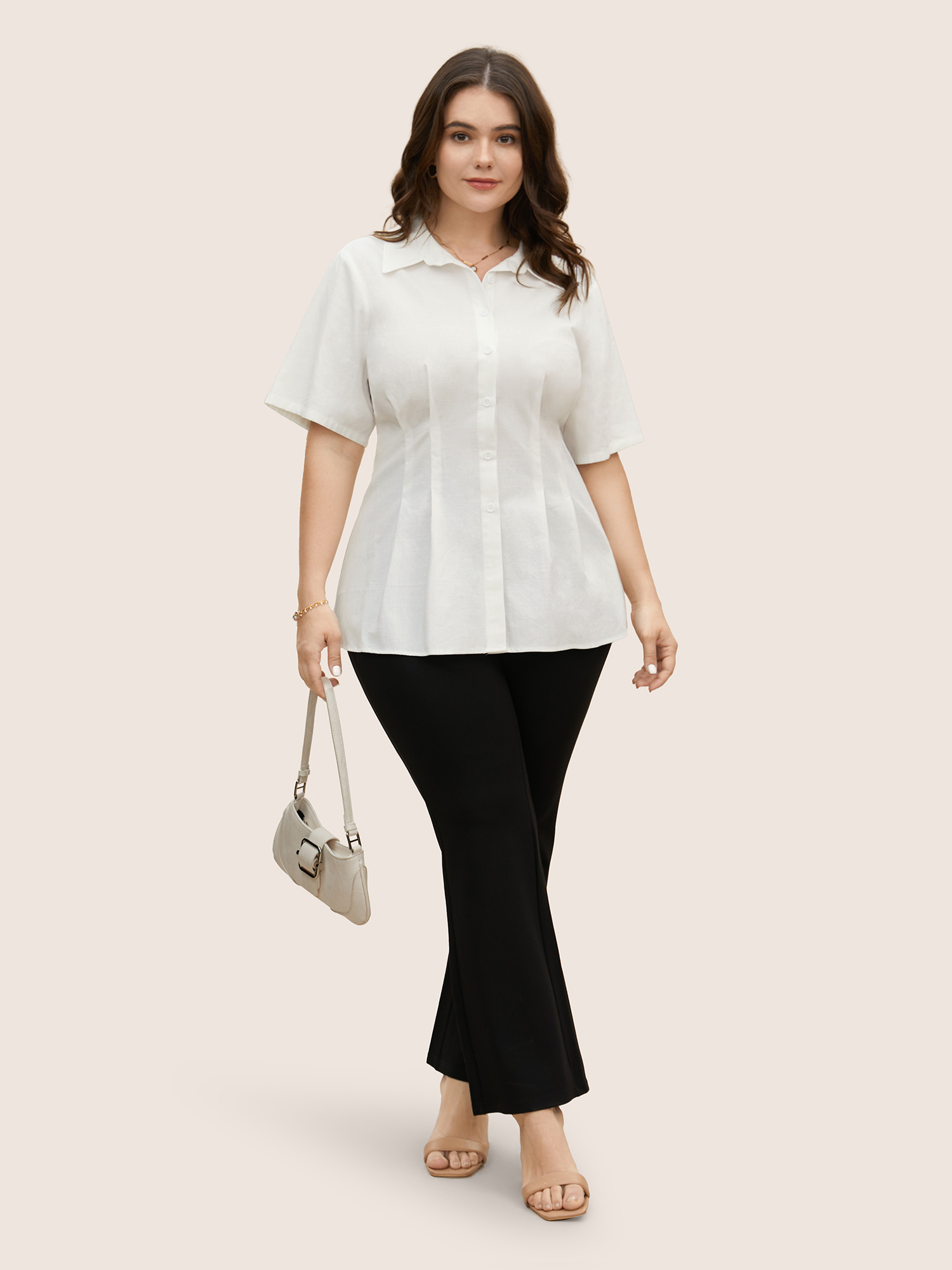 Plus Size Ivory Plain Shirt Collar Waist Design Blouse Women At the Office Short sleeve Shirt collar Work Blouses BloomChic 12/L 