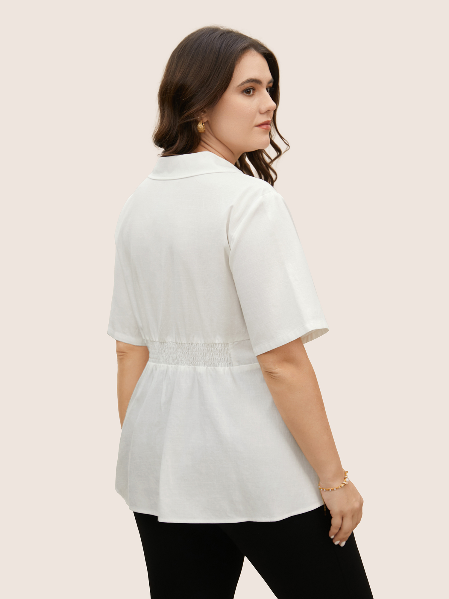 Plus Size Ivory Plain Shirt Collar Waist Design Blouse Women At the Office Short sleeve Shirt collar Work Blouses BloomChic 12/L 