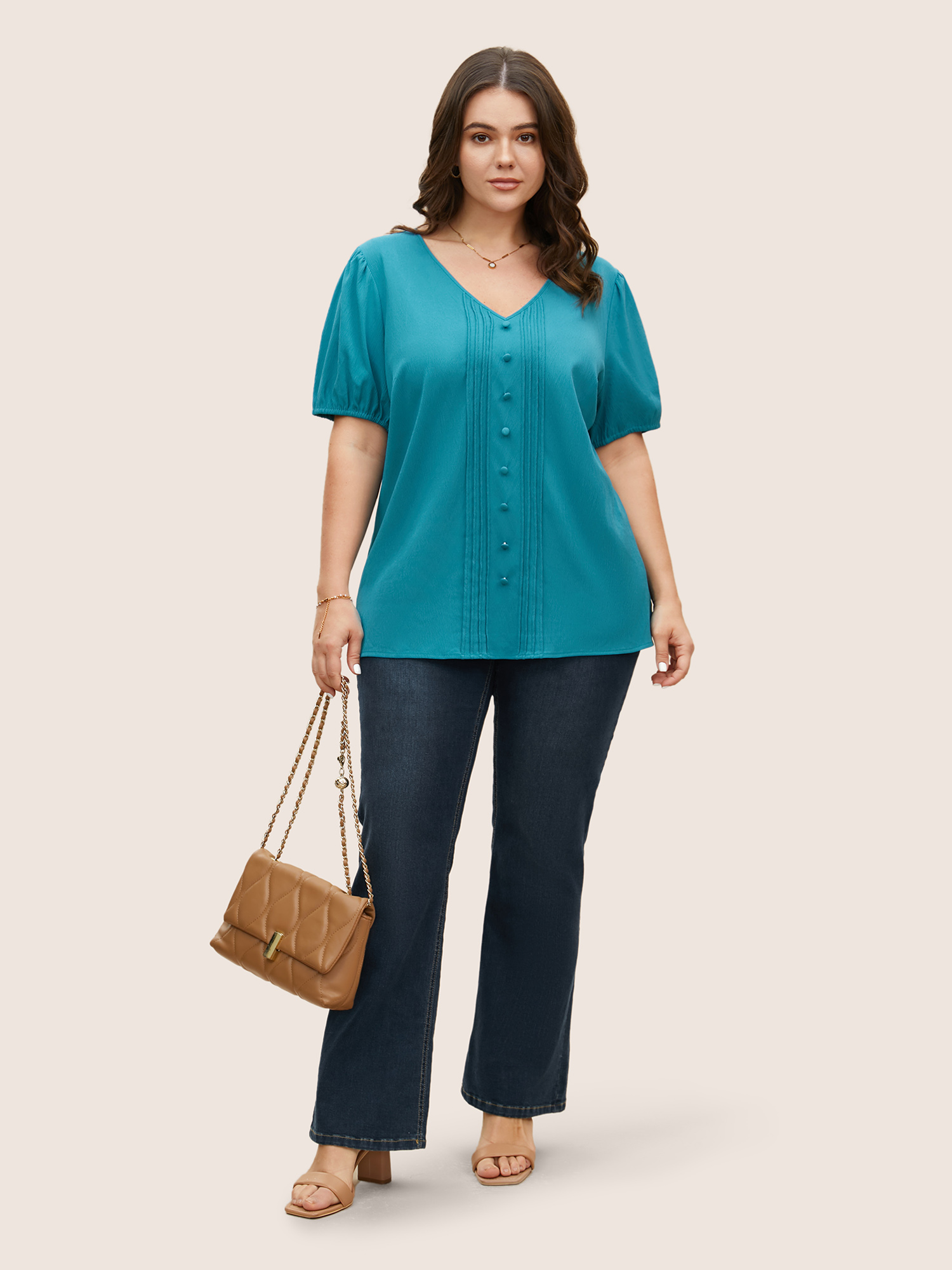 Plus Size Cerulean V Neck Button Detail Pleated Split Hem Blouse Women Casual Short sleeve V-neck Everyday Blouses BloomChic 26/4X 