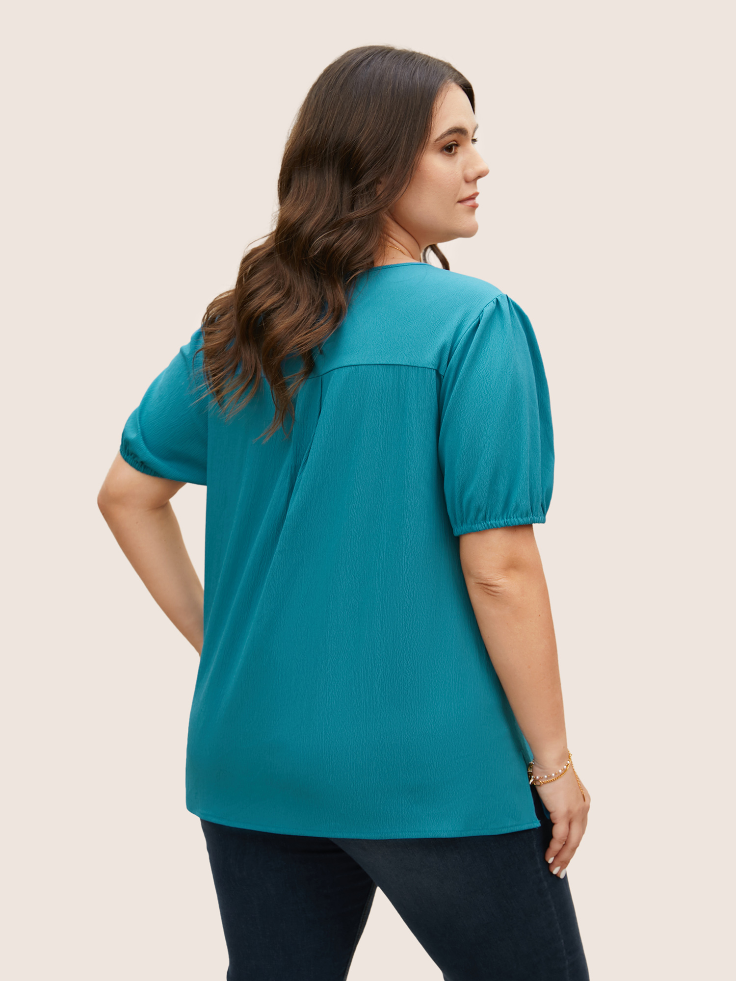 Plus Size Cerulean V Neck Button Detail Pleated Split Hem Blouse Women Casual Short sleeve V-neck Everyday Blouses BloomChic 26/4X 