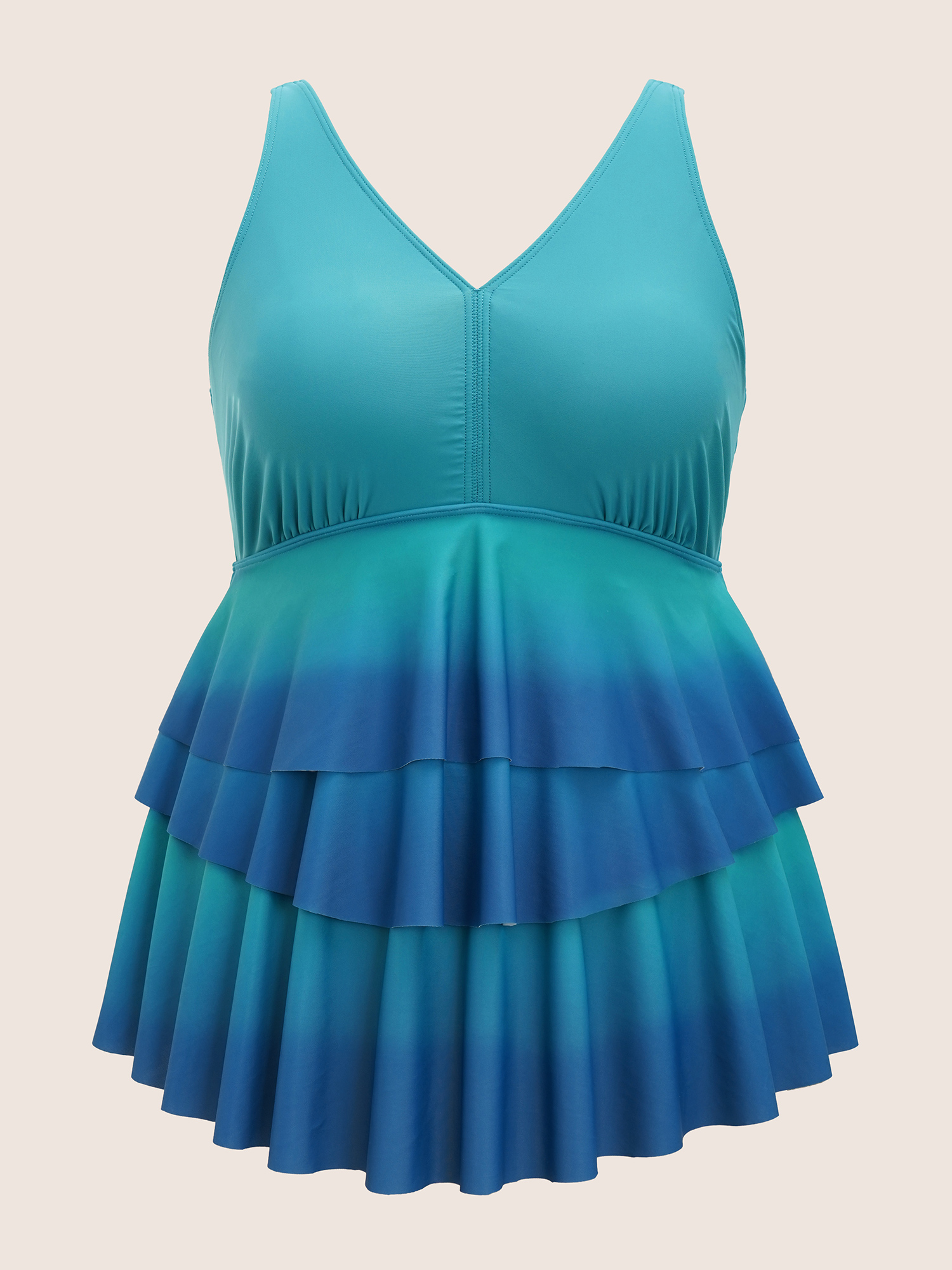 Plus Size V Neck Ombre Tiered Ruffles Swim Top Women`s Swimwear Teal Beach Contrast High stretch Bodycon V-neck Curve Swim Tops BloomChic 10/M 