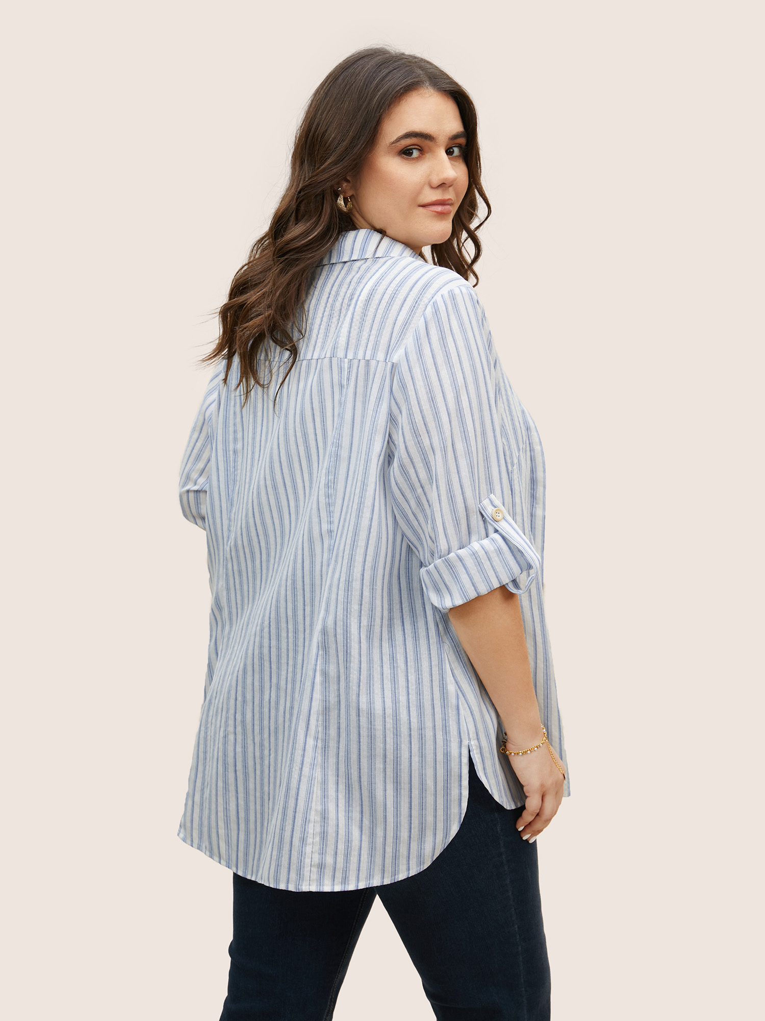

Plus Size LightBlue Striped Shirt Collar Button Cuff Sleeve Blouse Women At the Office Long Sleeve Shirt collar Work Blouses BloomChic