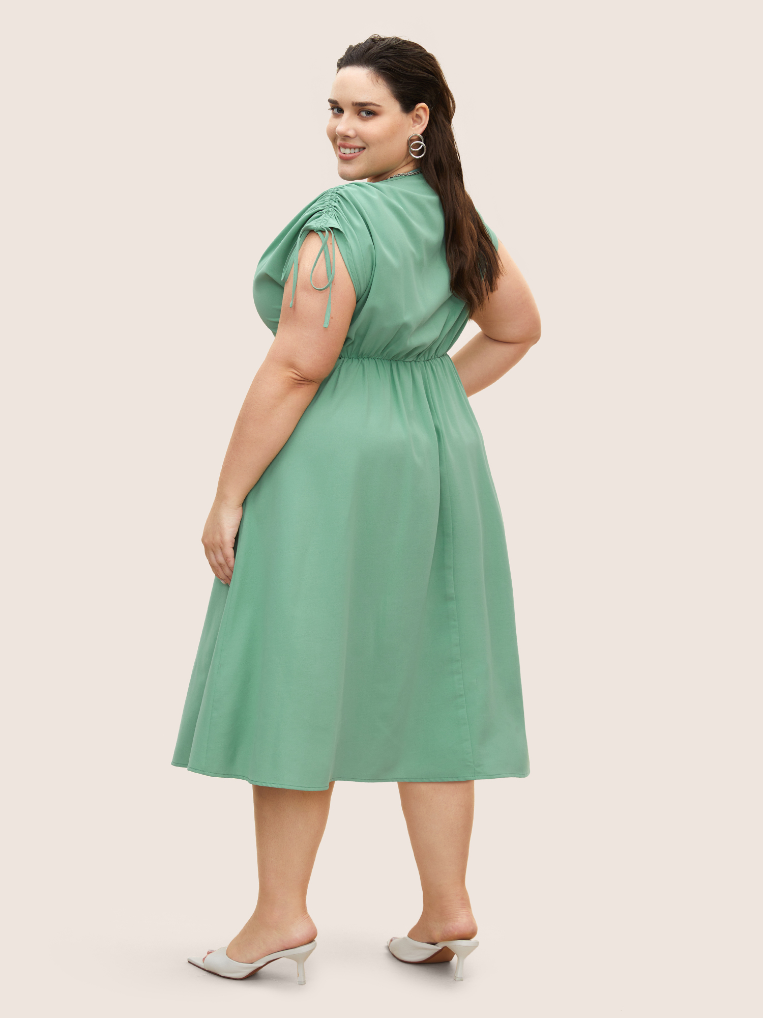 Plus Size Plain Split Front Drawstring Cap Sleeve Dress Palemauve Women Drawstring V-neck Cap Sleeve Curvy BloomChic 26/4X 