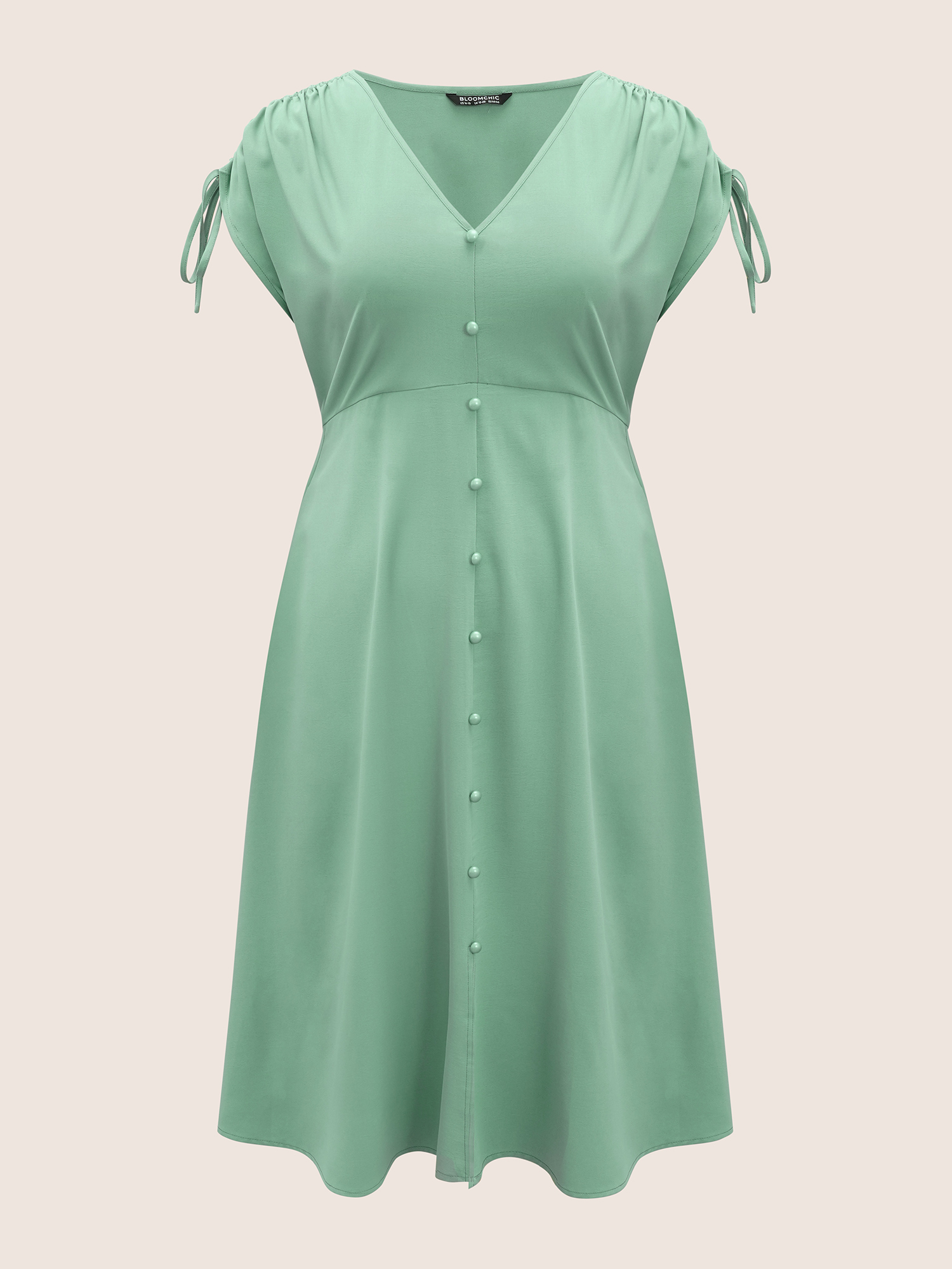 Plus Size Plain Split Front Drawstring Cap Sleeve Dress Palemauve Women Drawstring V-neck Cap Sleeve Curvy BloomChic 26/4X 