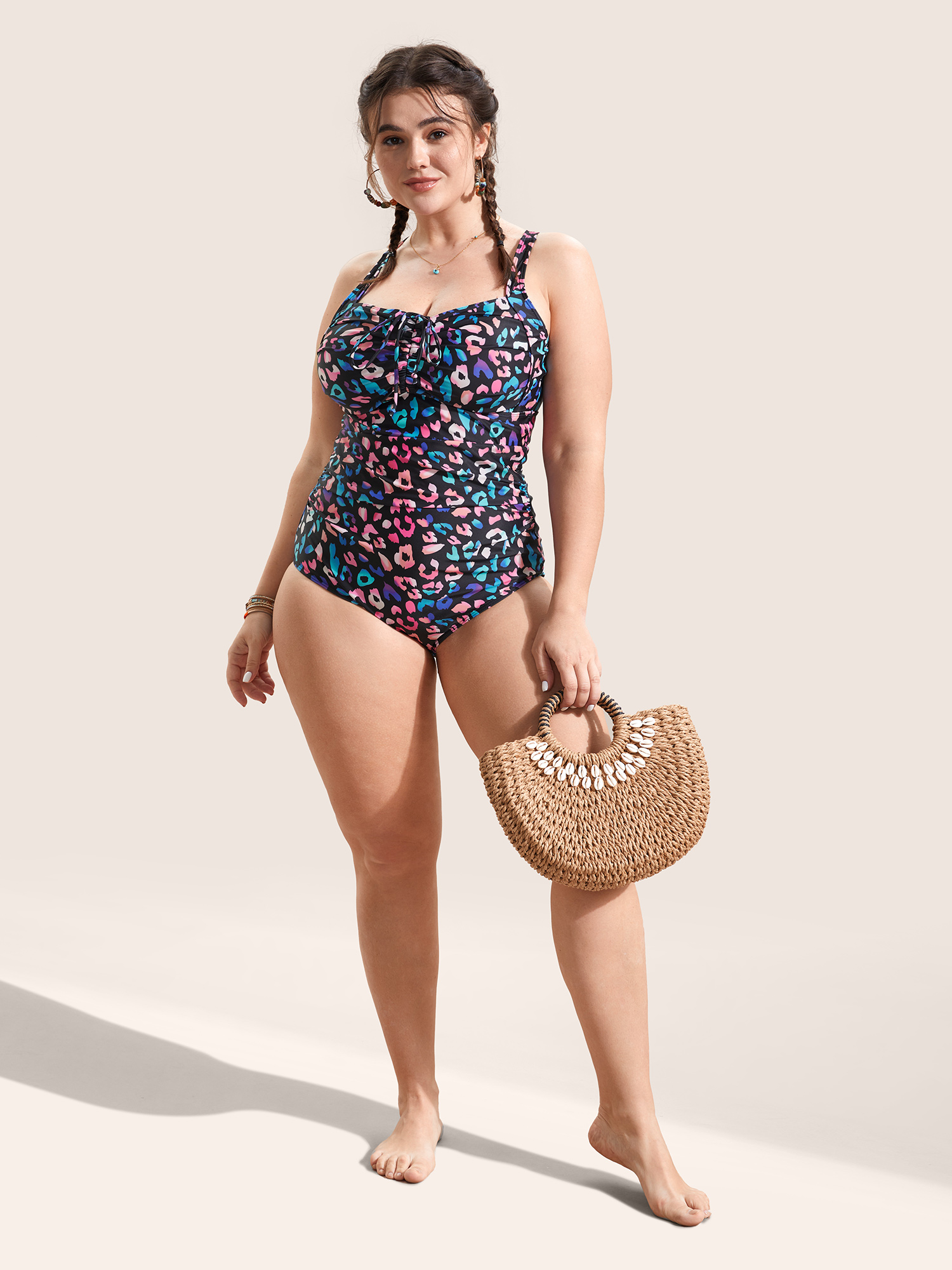 Plus Size Leopard Print Gathered Knotted One Piece Swimsuit Women`s Swimwear Multicolor Beach Gathered Curve Bathing Suits High stretch One Pieces BloomChic 14-16/1X 