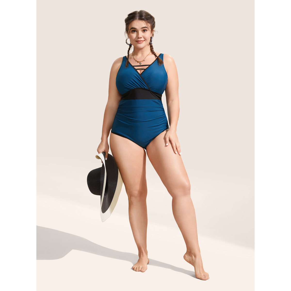 

Plus Size Contrast Trim Keyhole Gathered One Piece Swimsuit Women's Swimwear Indigo Beach Gathered Curve Bathing Suits High stretch One Pieces BloomChic