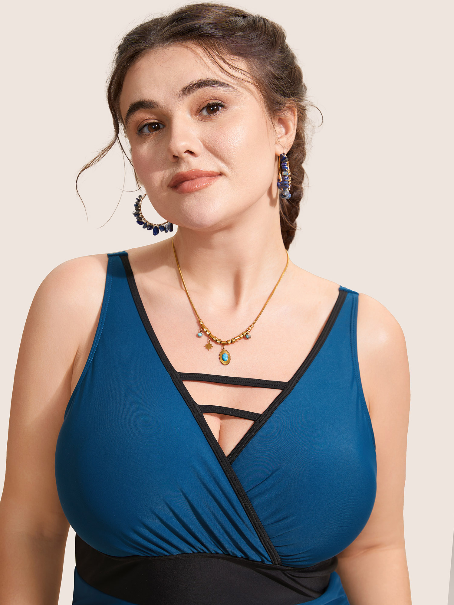 Plus Size Contrast Trim Keyhole Gathered One Piece Swimsuit Women`s Swimwear Indigo Beach Gathered Curve Bathing Suits High stretch One Pieces BloomChic 18-20/2X 