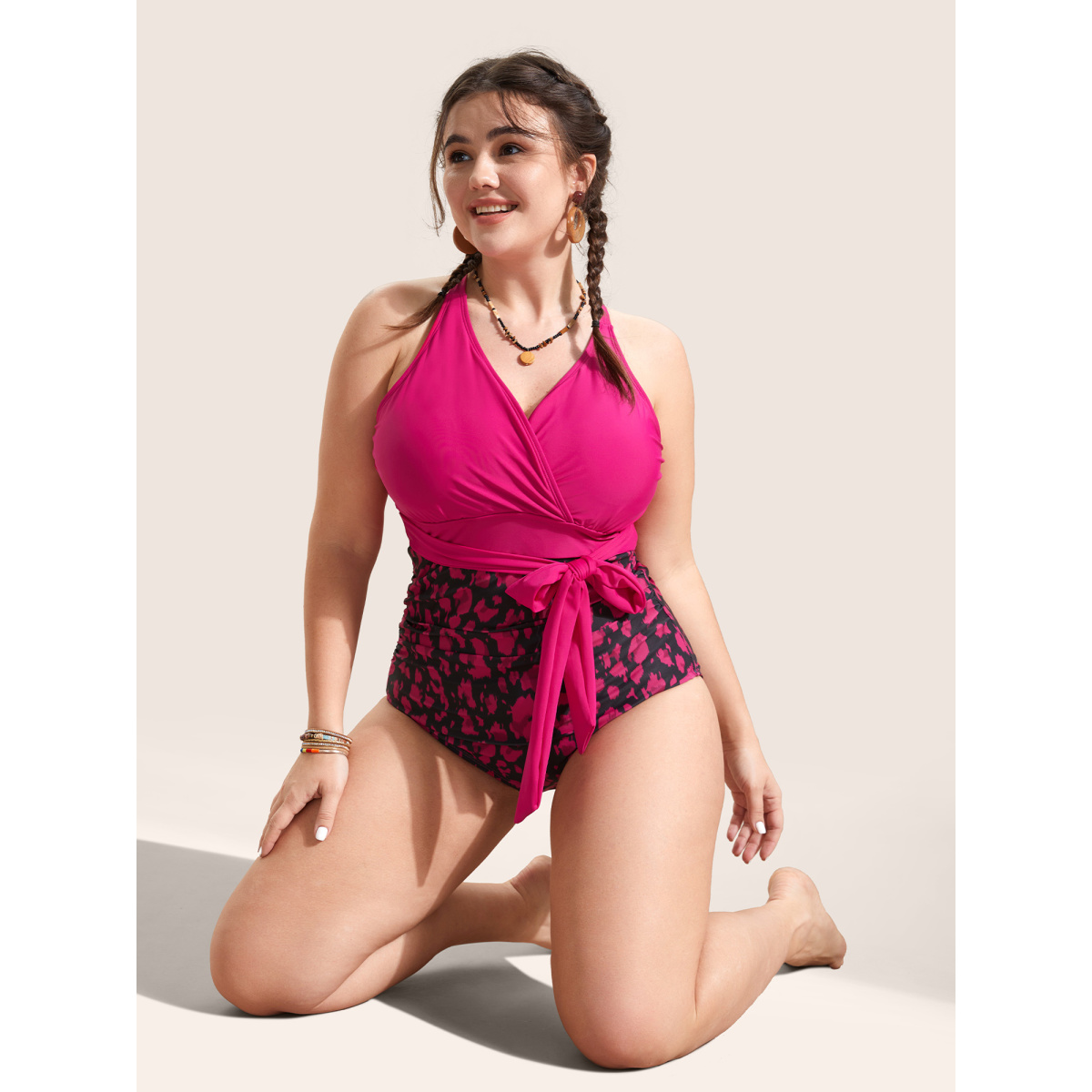 

Plus Size Leopard Print Patchwork Tie Knot One Piece Swimsuit Women's Swimwear Rosered Beach Tie knot Curve Bathing Suits High stretch One Pieces BloomChic