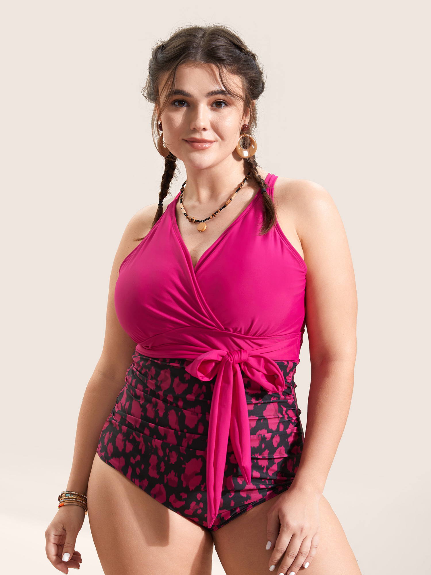 Plus Size Leopard Print Patchwork Tie Knot One Piece Swimsuit Women`s Swimwear Rosered Beach Tie knot Curve Bathing Suits High stretch One Pieces BloomChic 26/4X 