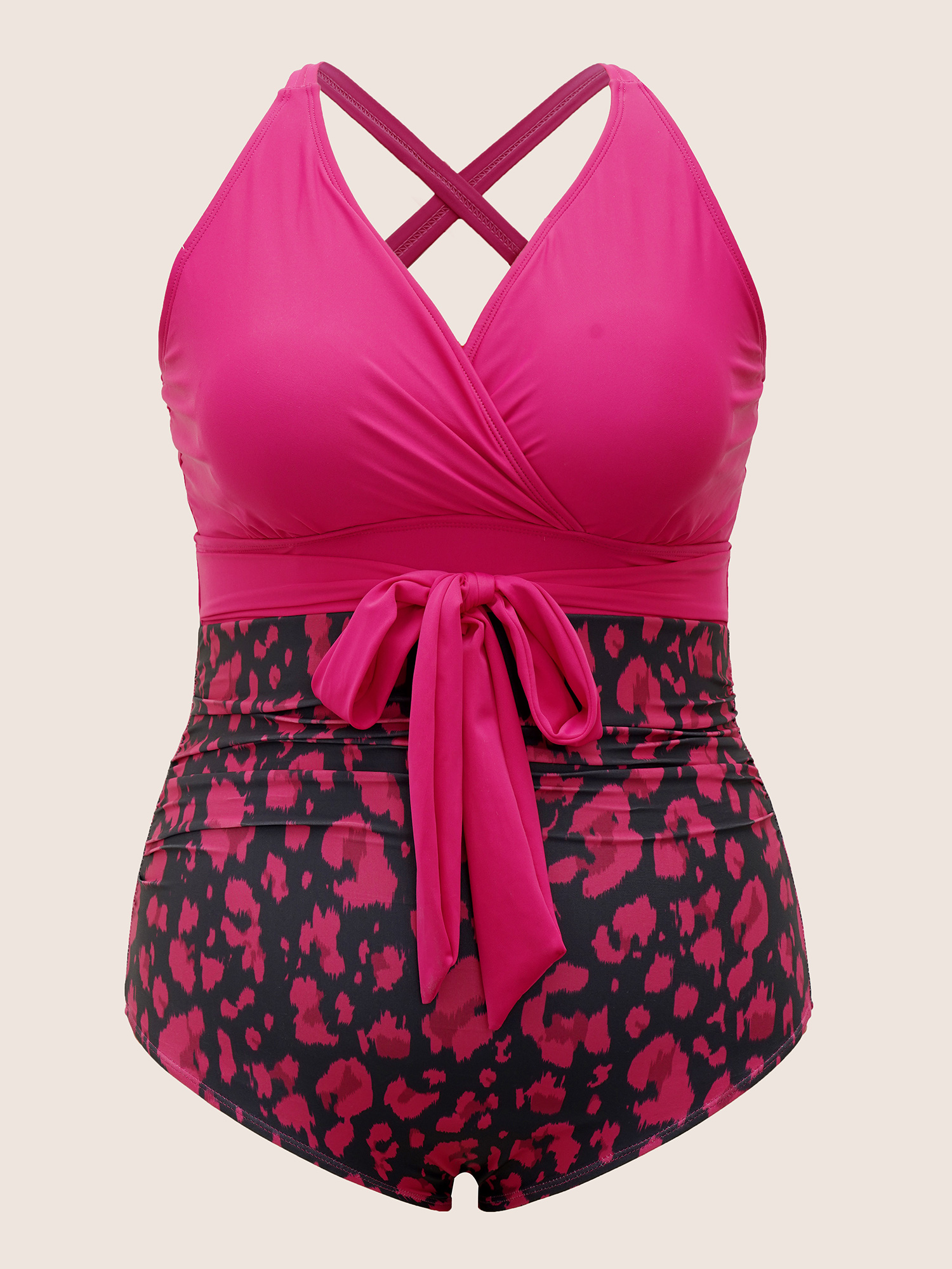 Plus Size Leopard Print Patchwork Tie Knot One Piece Swimsuit Women`s Swimwear Rosered Beach Tie knot Curve Bathing Suits High stretch One Pieces BloomChic 26/4X 