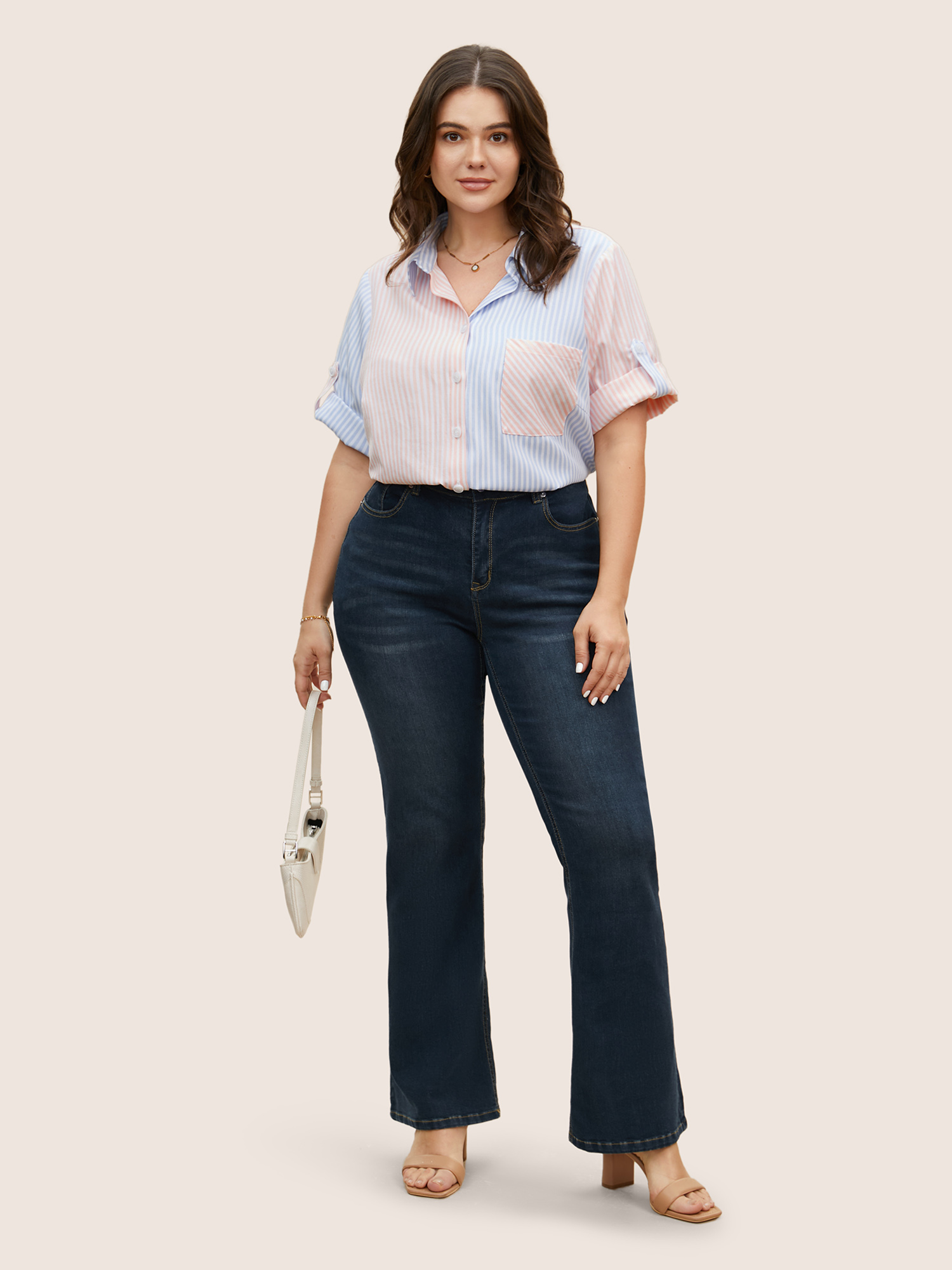 Plus Size Multicolor Striped Contrast Patched Pocket Tab Sleeve Blouse Women Work From Home Half Sleeve Shirt collar Work Blouses BloomChic 28/5X 