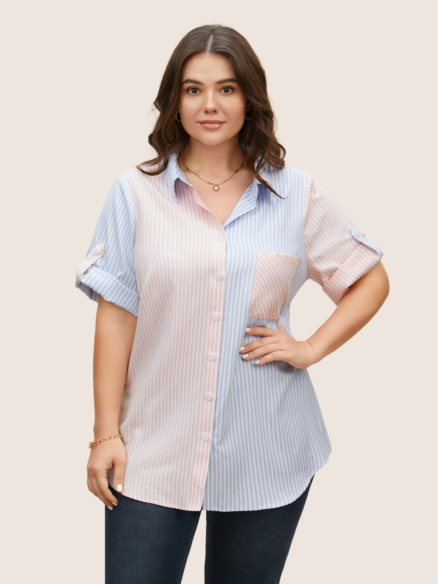 Plus Size Multicolor Striped Contrast Patched Pocket Tab Sleeve Blouse Women Work From Home Half Sleeve Shirt collar Work Blouses BloomChic 28/5X 