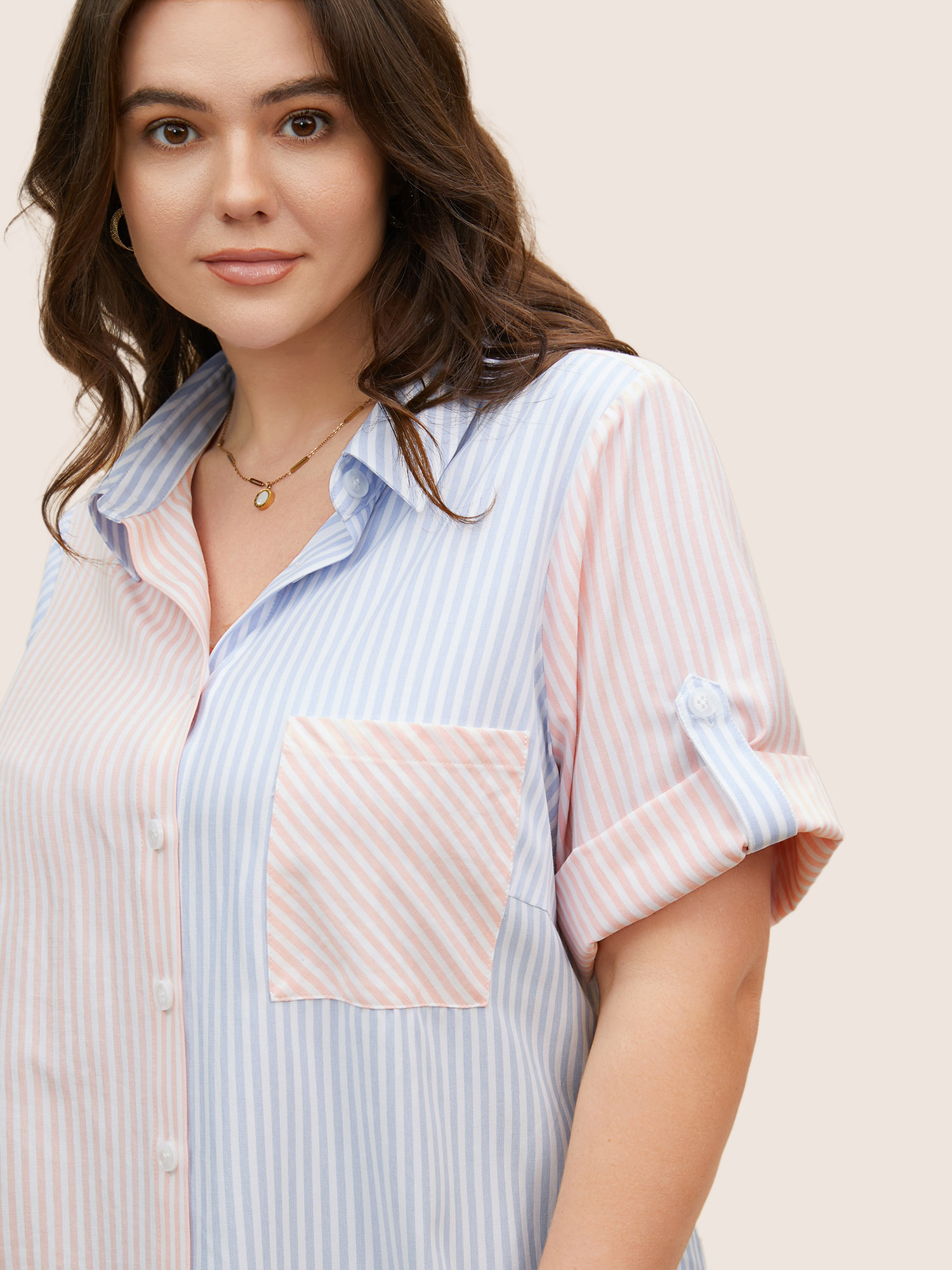 Plus Size Multicolor Striped Contrast Patched Pocket Tab Sleeve Blouse Women Work From Home Half Sleeve Shirt collar Work Blouses BloomChic 28/5X 