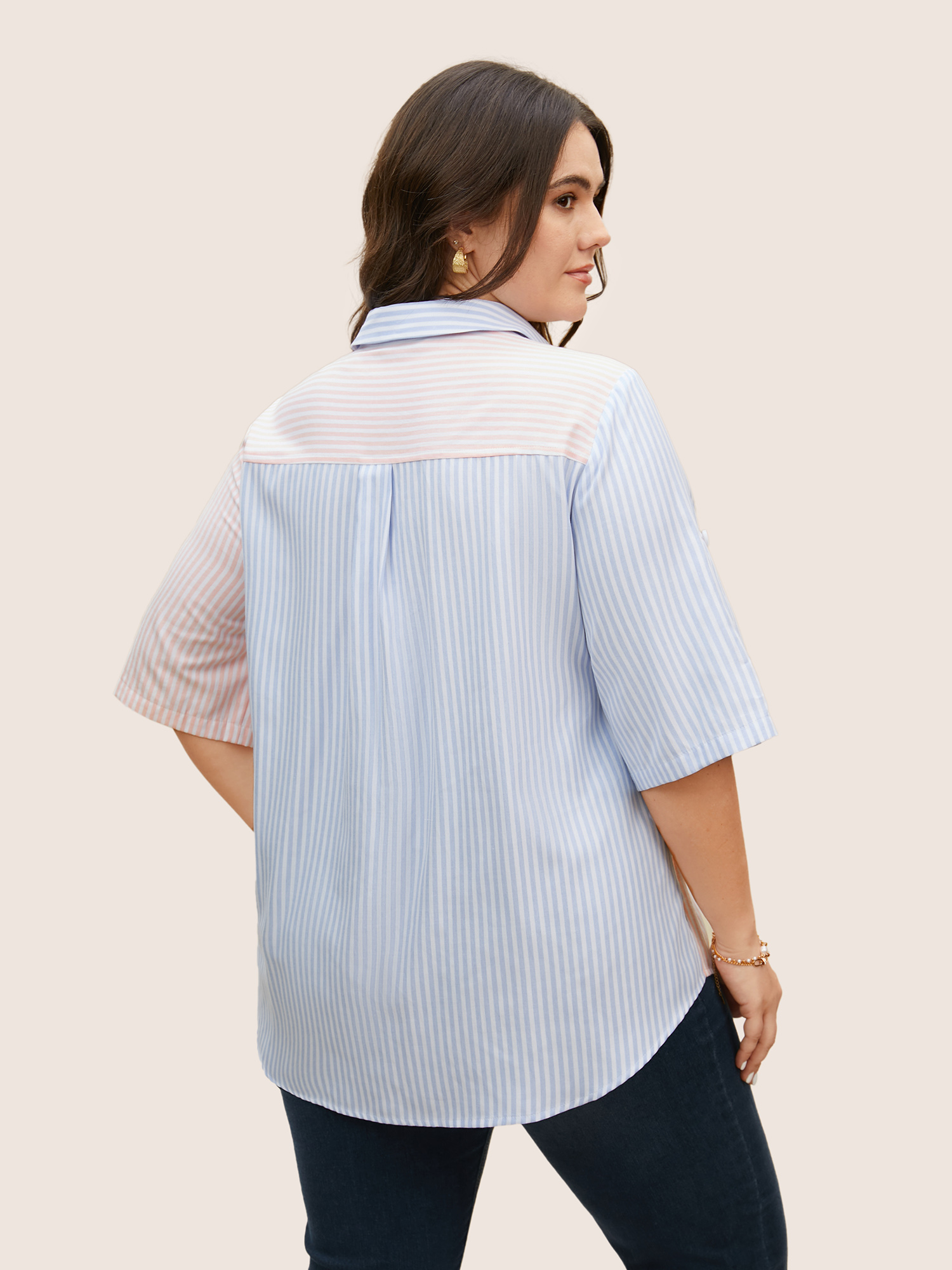 

Plus Size Multicolor Striped Contrast Patched Pocket Tab Sleeve Blouse Women Work From Home Half Sleeve Shirt collar Work Blouses BloomChic