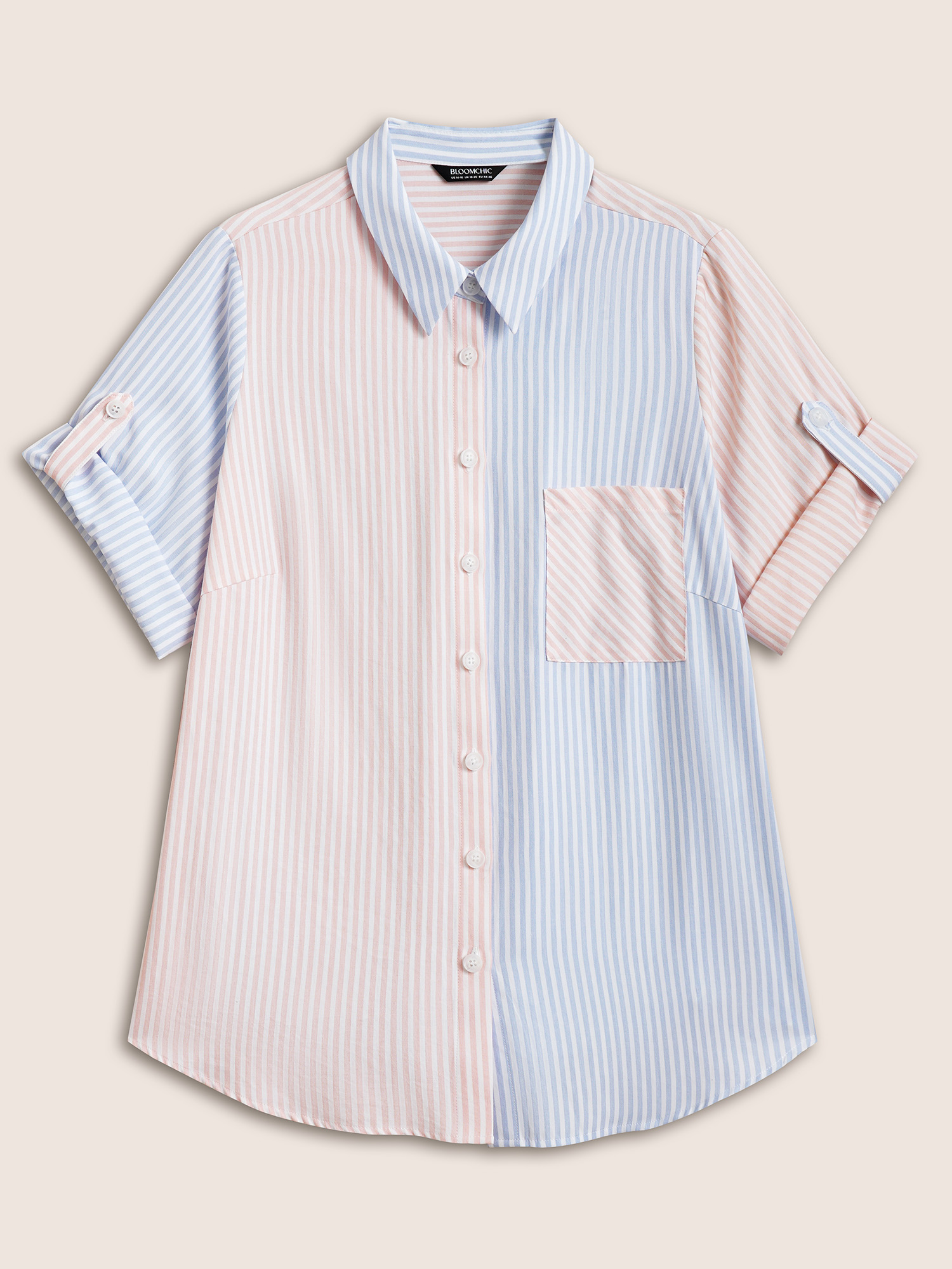 Plus Size Multicolor Striped Contrast Patched Pocket Tab Sleeve Blouse Women Work From Home Half Sleeve Shirt collar Work Blouses BloomChic 28/5X 