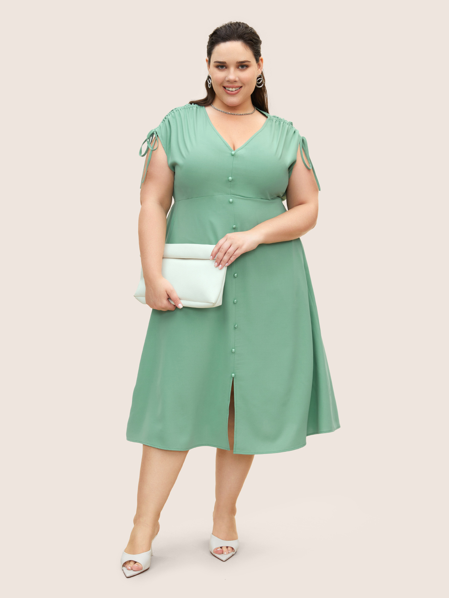 Plus Size Plain Split Front Drawstring Cap Sleeve Dress Palemauve Women Drawstring V-neck Cap Sleeve Curvy BloomChic 26/4X 