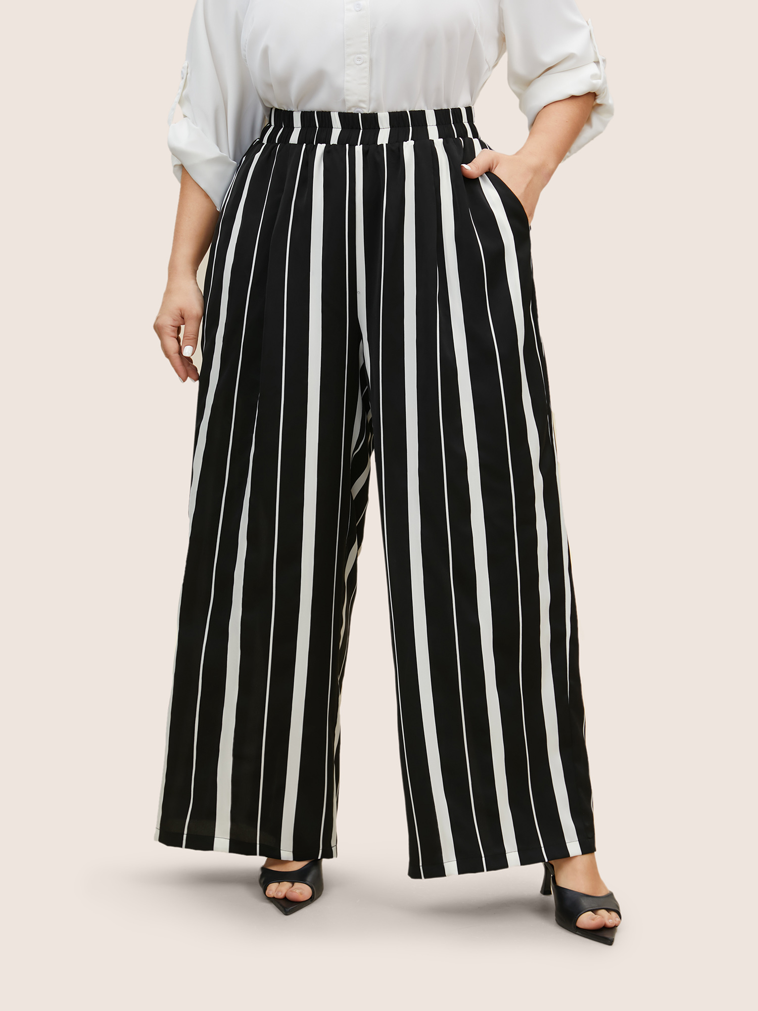 

Plus Size Striped Elastic Waist Wide Leg Pants Women Black At the Office Wide Leg High Rise Work Pants BloomChic