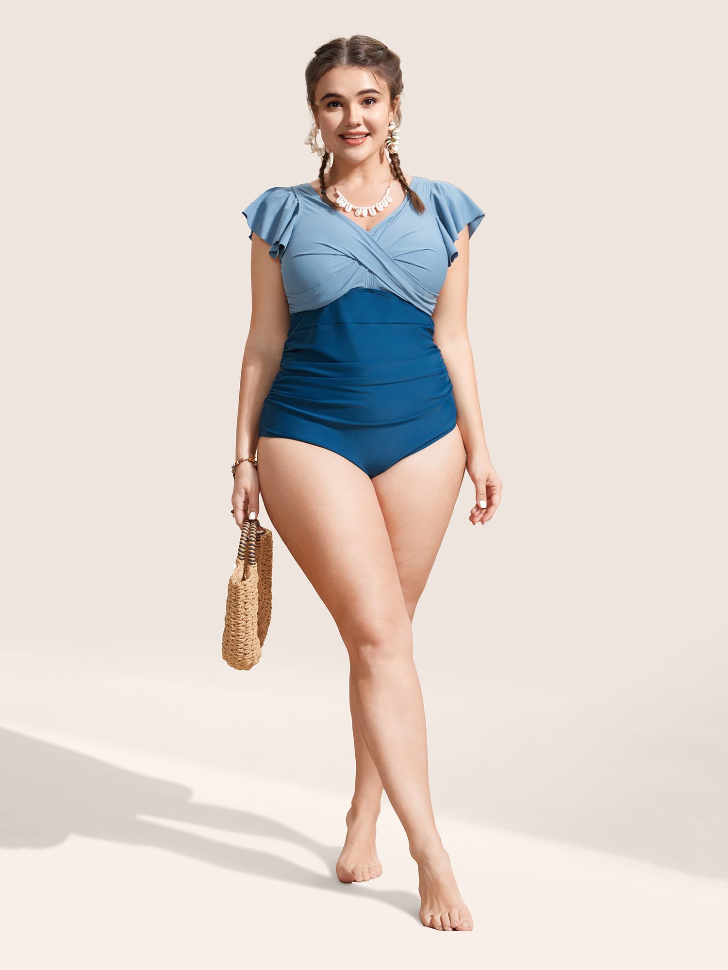 Plus Size Two Tone Gathered Ruffle Sleeve One Piece Swimsuit Women`s Swimwear Indigo Beach Twist Curve Bathing Suits High stretch One Pieces BloomChic 22-24/3X 