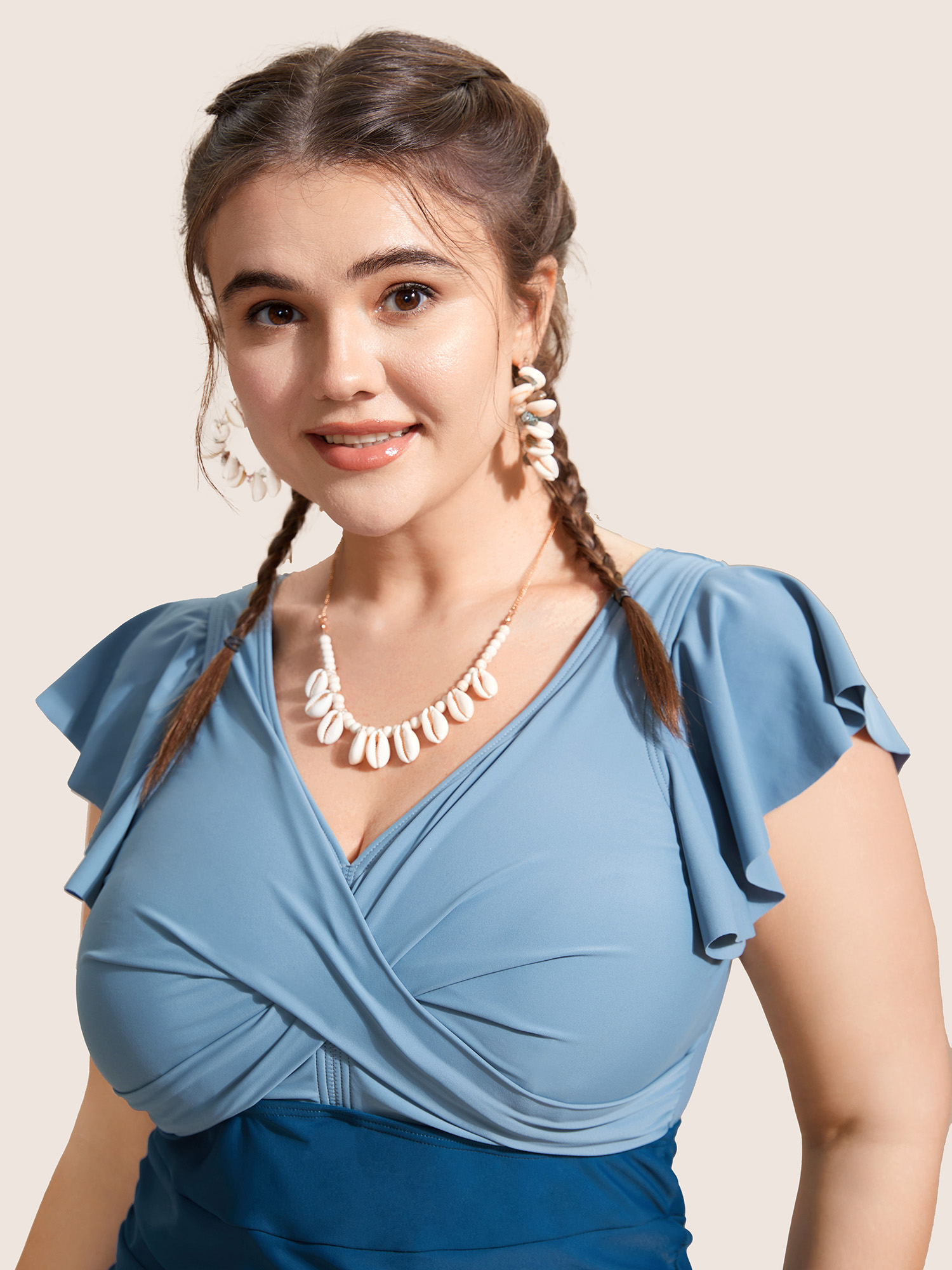 Plus Size Two Tone Gathered Ruffle Sleeve One Piece Swimsuit Women`s Swimwear Indigo Beach Twist Curve Bathing Suits High stretch One Pieces BloomChic 22-24/3X 
