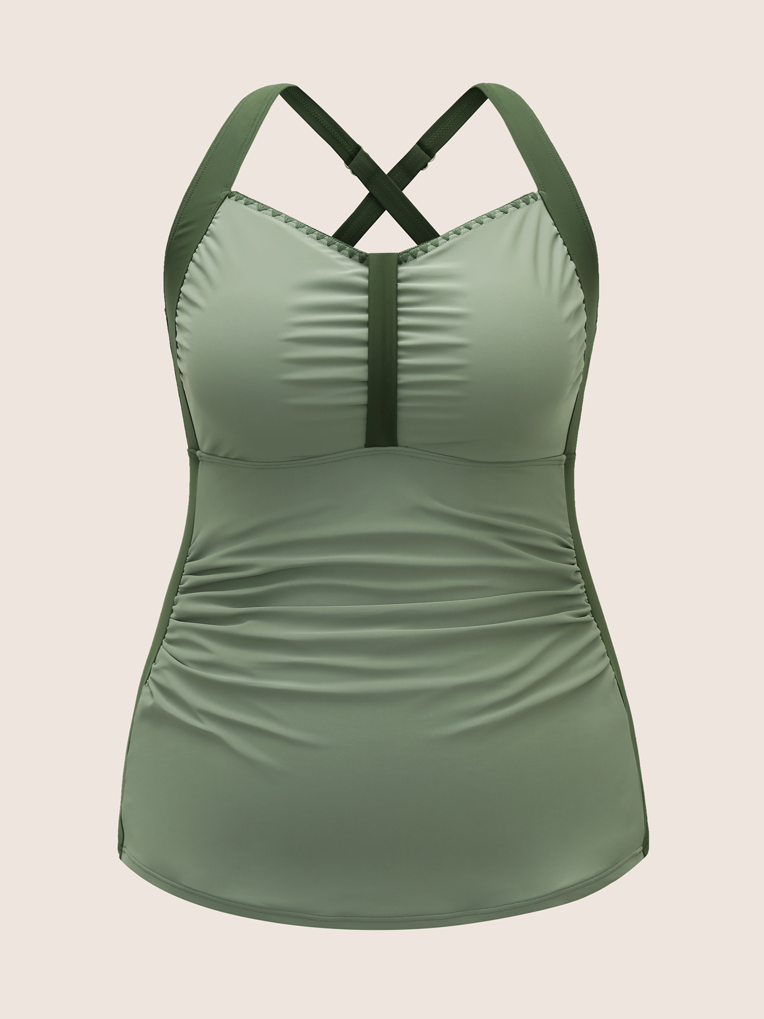 Plus Size Heart Neckline Contrast Gathered Swim Top Women`s Swimwear Moss Beach Gathered High stretch Bodycon Heart neckline Curve Swim Tops BloomChic 26/4X 