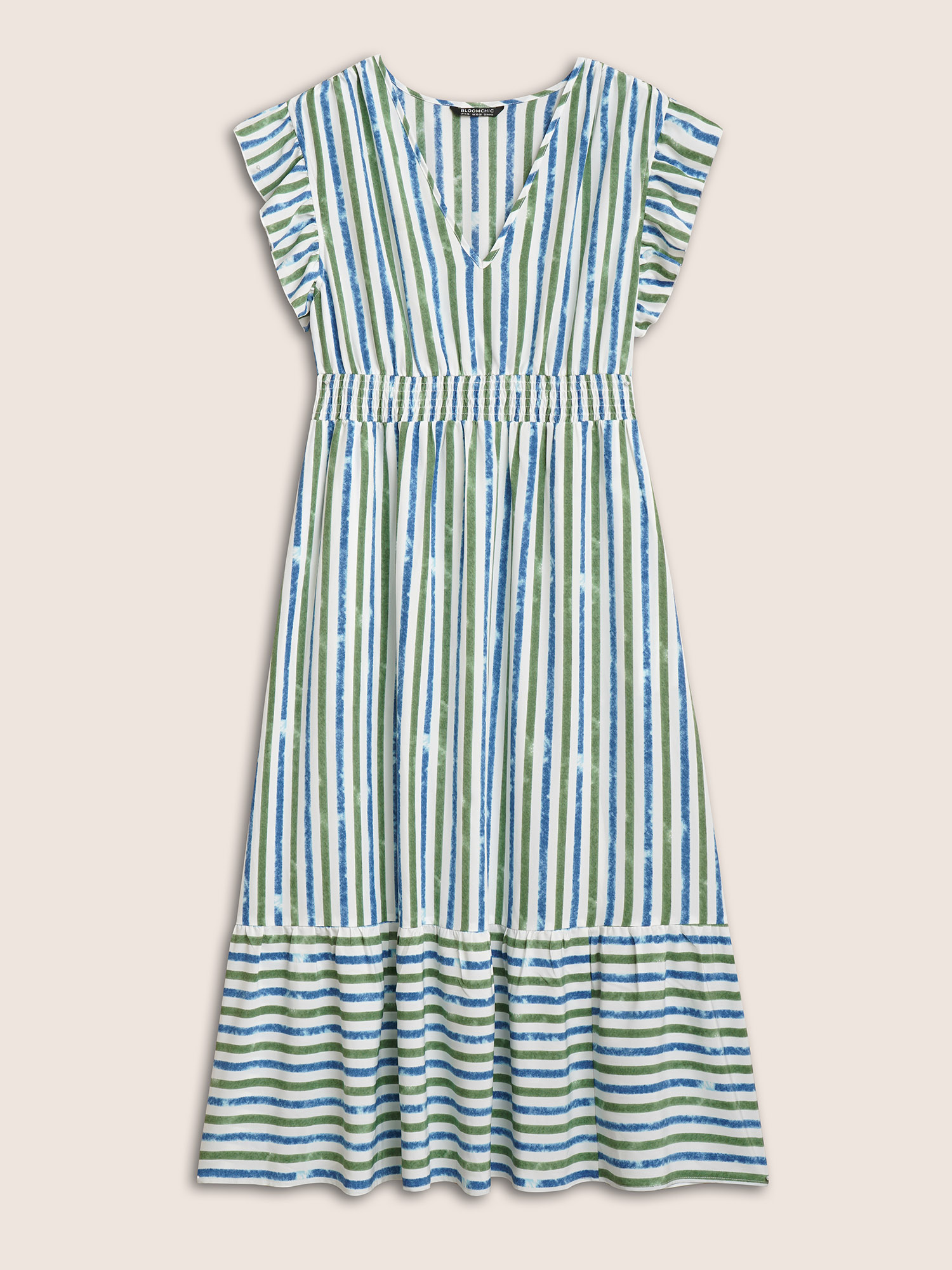 

Plus Size Striped Ruffle Cap Sleeve Shirred Dress Mediumblue Women Resort Shirred V-neck Cap Sleeve Curvy BloomChic