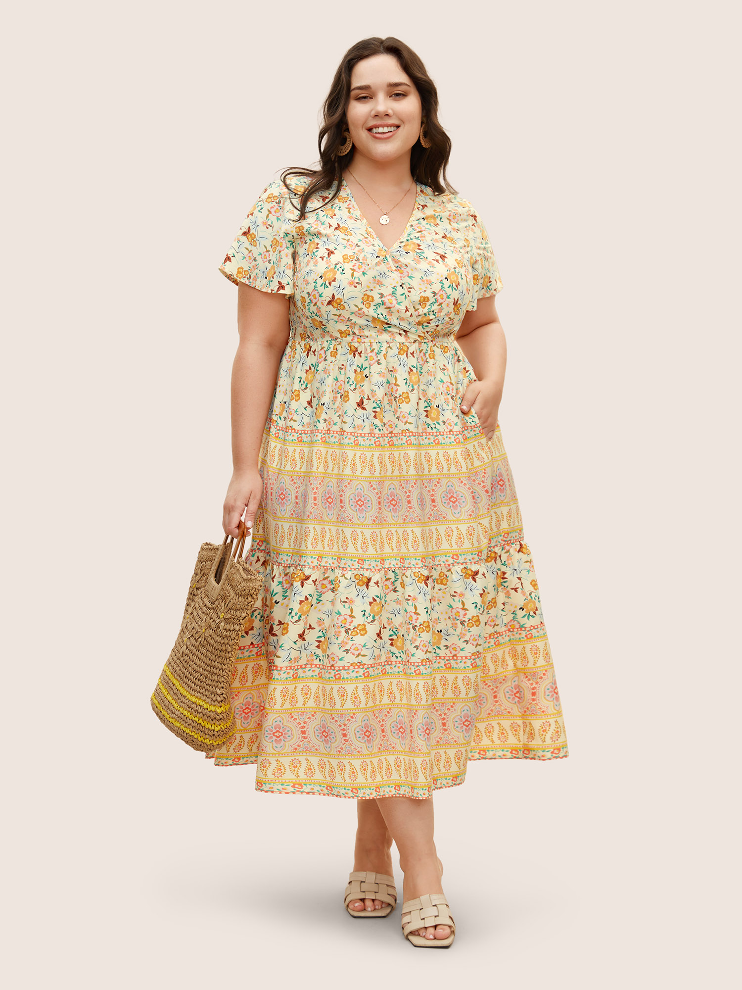 

Plus Size Overlap Collar Boho Print Ruffle Sleeve Dress Lightyellow Women Resort Ruffles Overlap Collar Short sleeve Curvy BloomChic