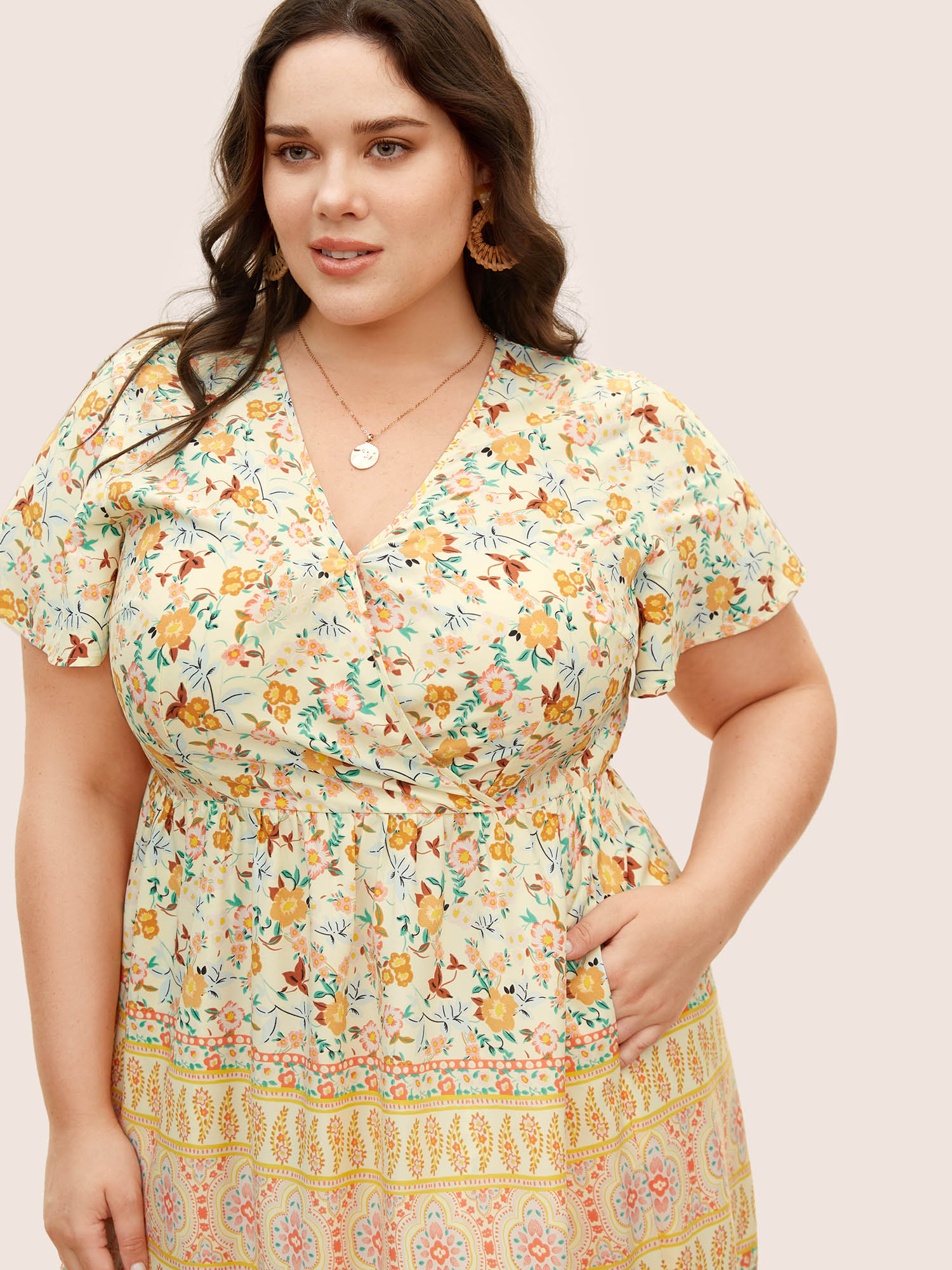 Plus Size Overlap Collar Boho Print Ruffle Sleeve Dress Lightyellow Women Resort Ruffles Overlap Collar Short sleeve Curvy BloomChic 22-24/3X 