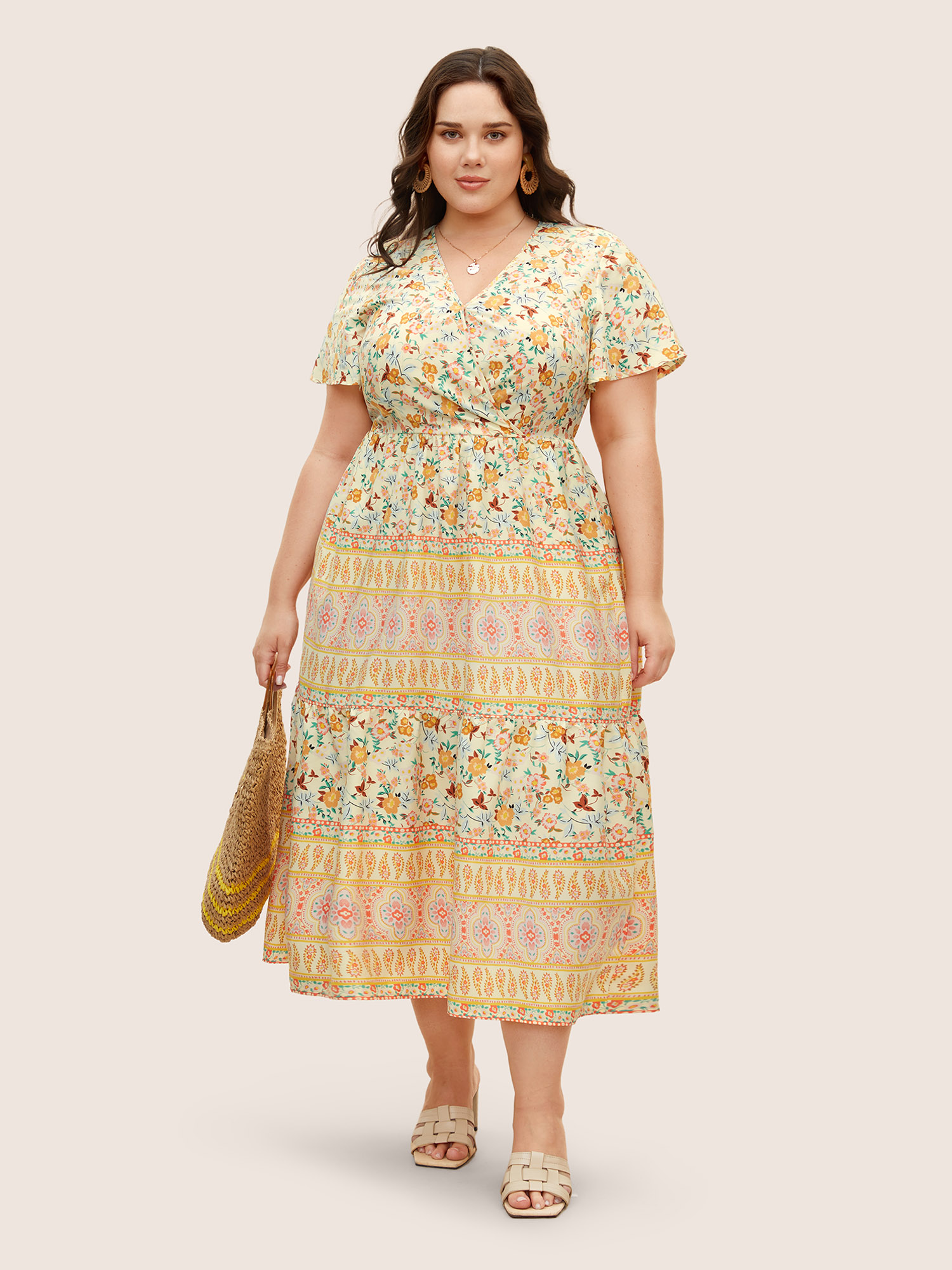 Plus Size Overlap Collar Boho Print Ruffle Sleeve Dress Lightyellow Women Resort Ruffles Overlap Collar Short sleeve Curvy BloomChic 22-24/3X 