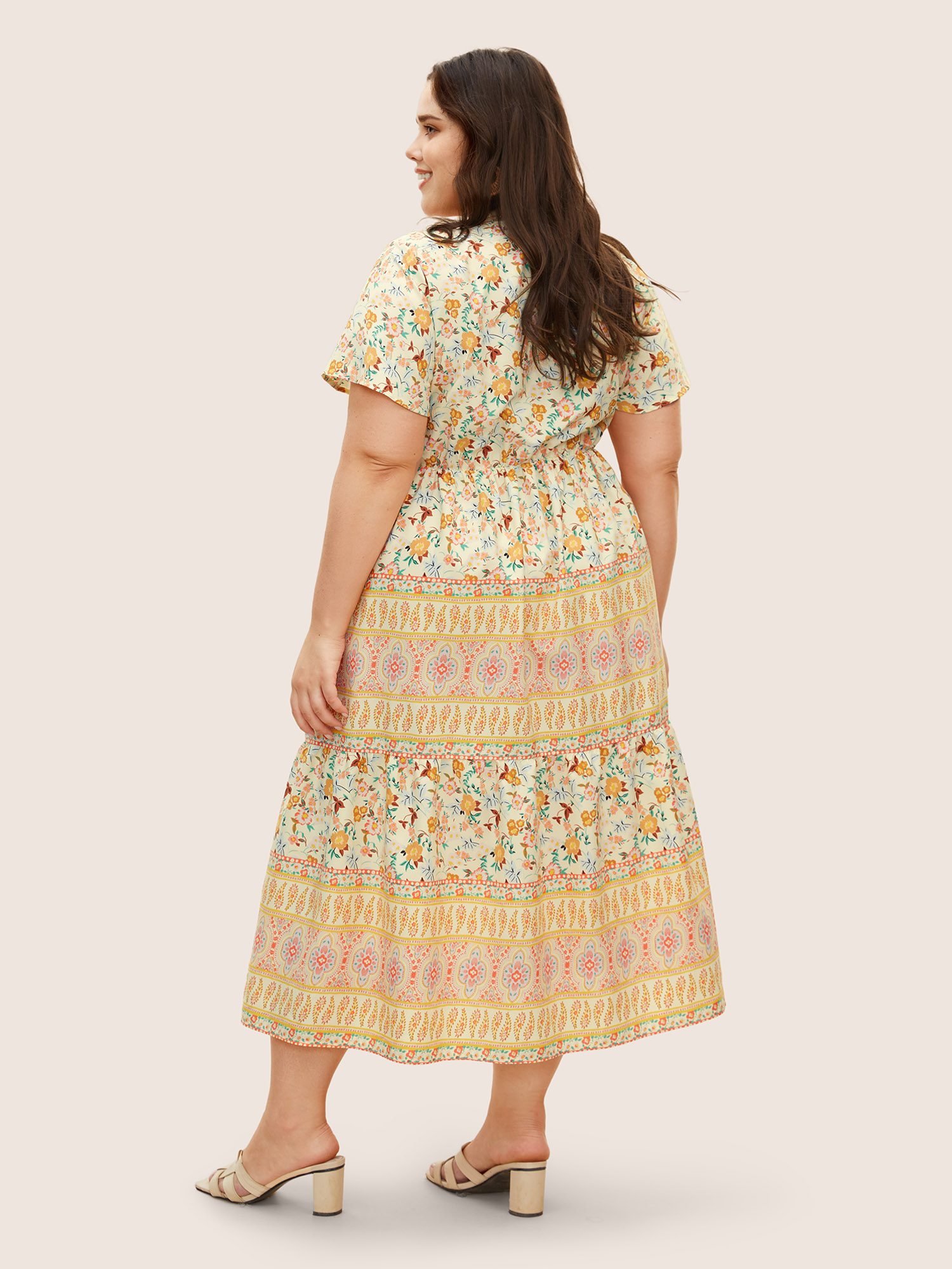 Plus Size Overlap Collar Boho Print Ruffle Sleeve Dress Lightyellow Women Resort Ruffles Overlap Collar Short sleeve Curvy BloomChic 22-24/3X 