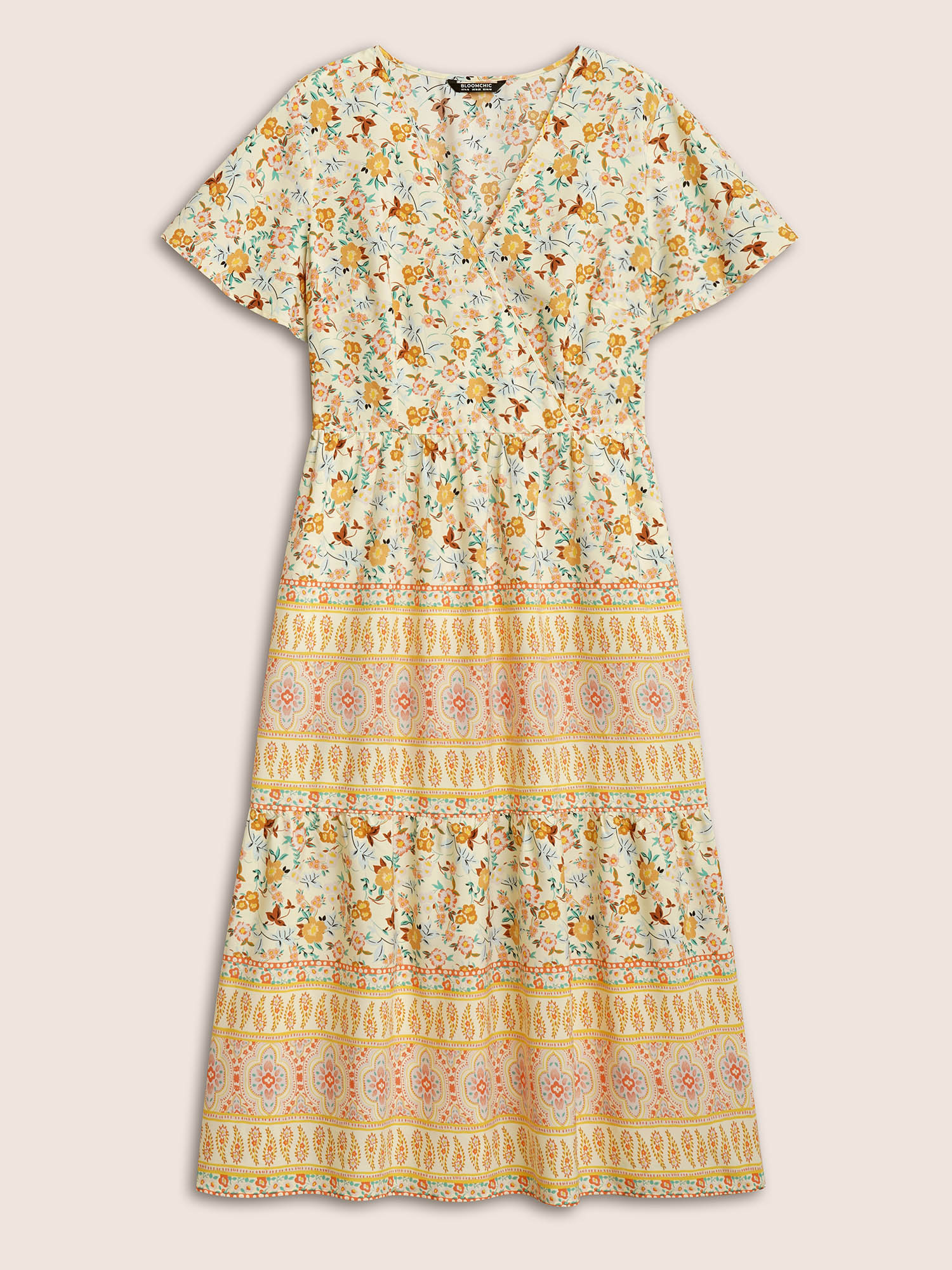 Plus Size Overlap Collar Boho Print Ruffle Sleeve Dress Lightyellow Women Resort Ruffles Overlap Collar Short sleeve Curvy BloomChic 22-24/3X 
