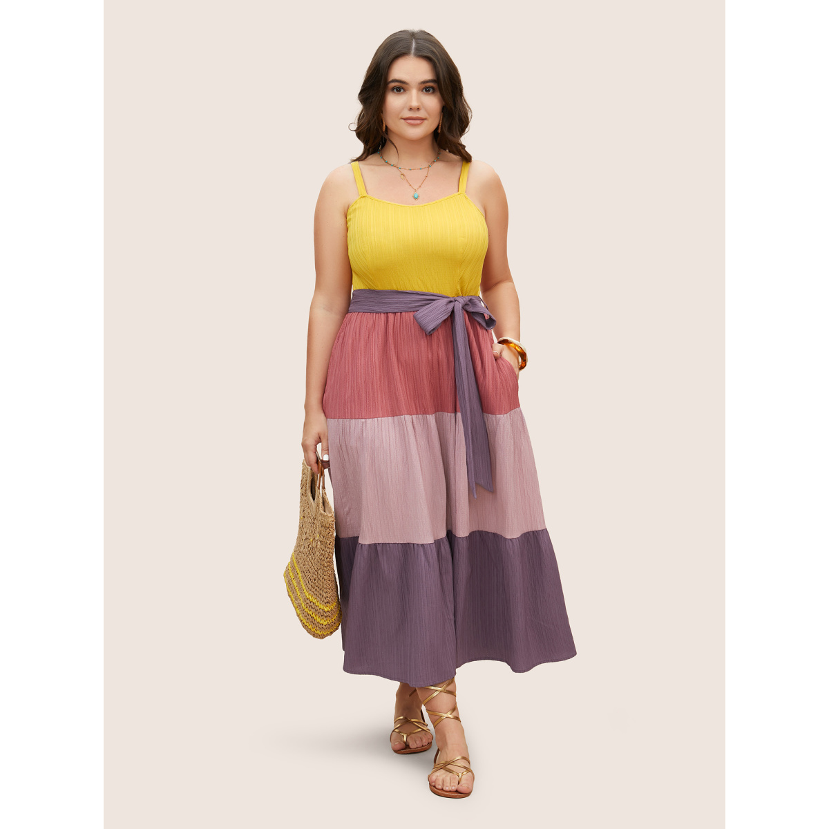 

Plus Size Textured Colorblock Contrast Belted Cami Dress Multicolor Women Texture Non Sleeveless Curvy BloomChic