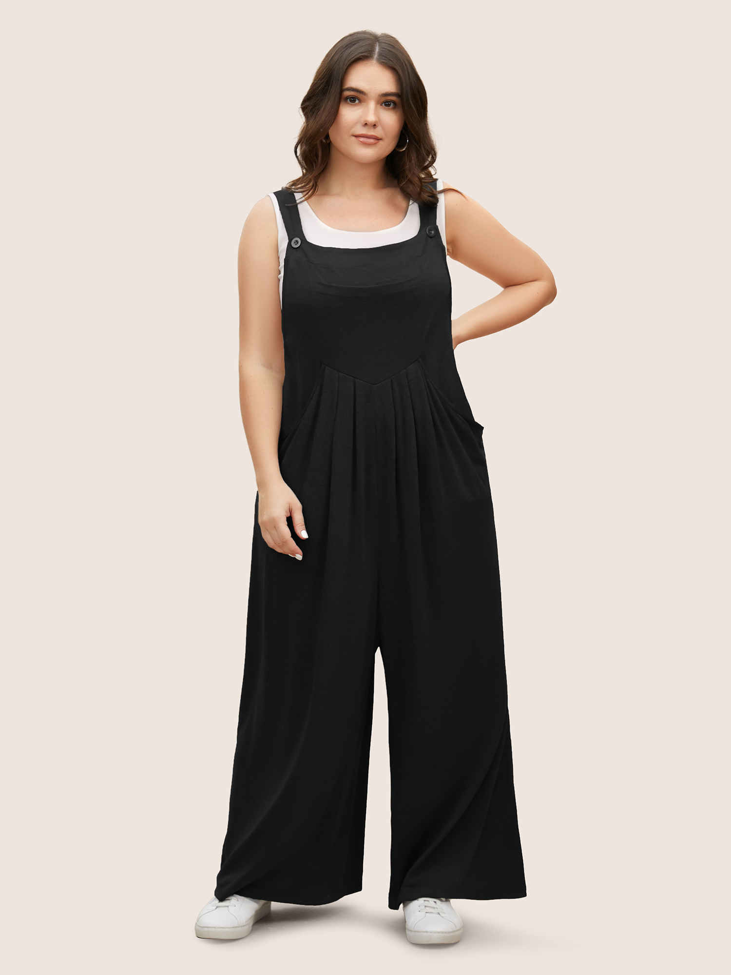 

Plus Size Black Supersoft Essentials Solid Pleated Pocket Jumpsuit Women Casual Sleeveless Non Everyday Loose Jumpsuits BloomChic