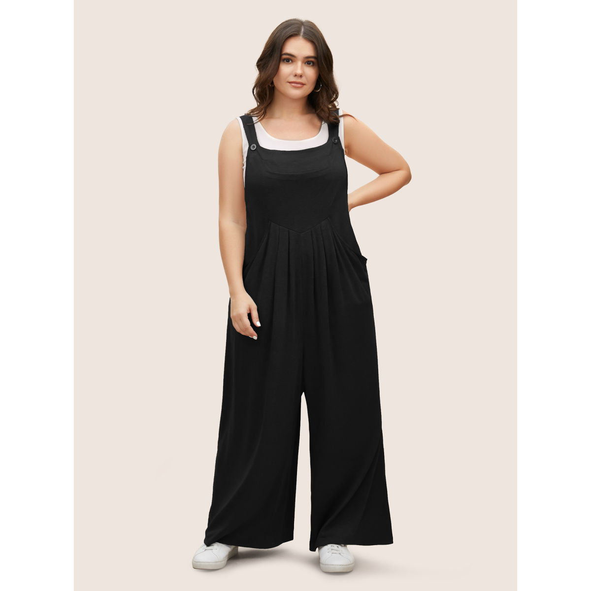 

Plus Size Black Supersoft Essentials Solid Pleated Pocket Jumpsuit Women Casual Sleeveless Non Everyday Loose Jumpsuits BloomChic