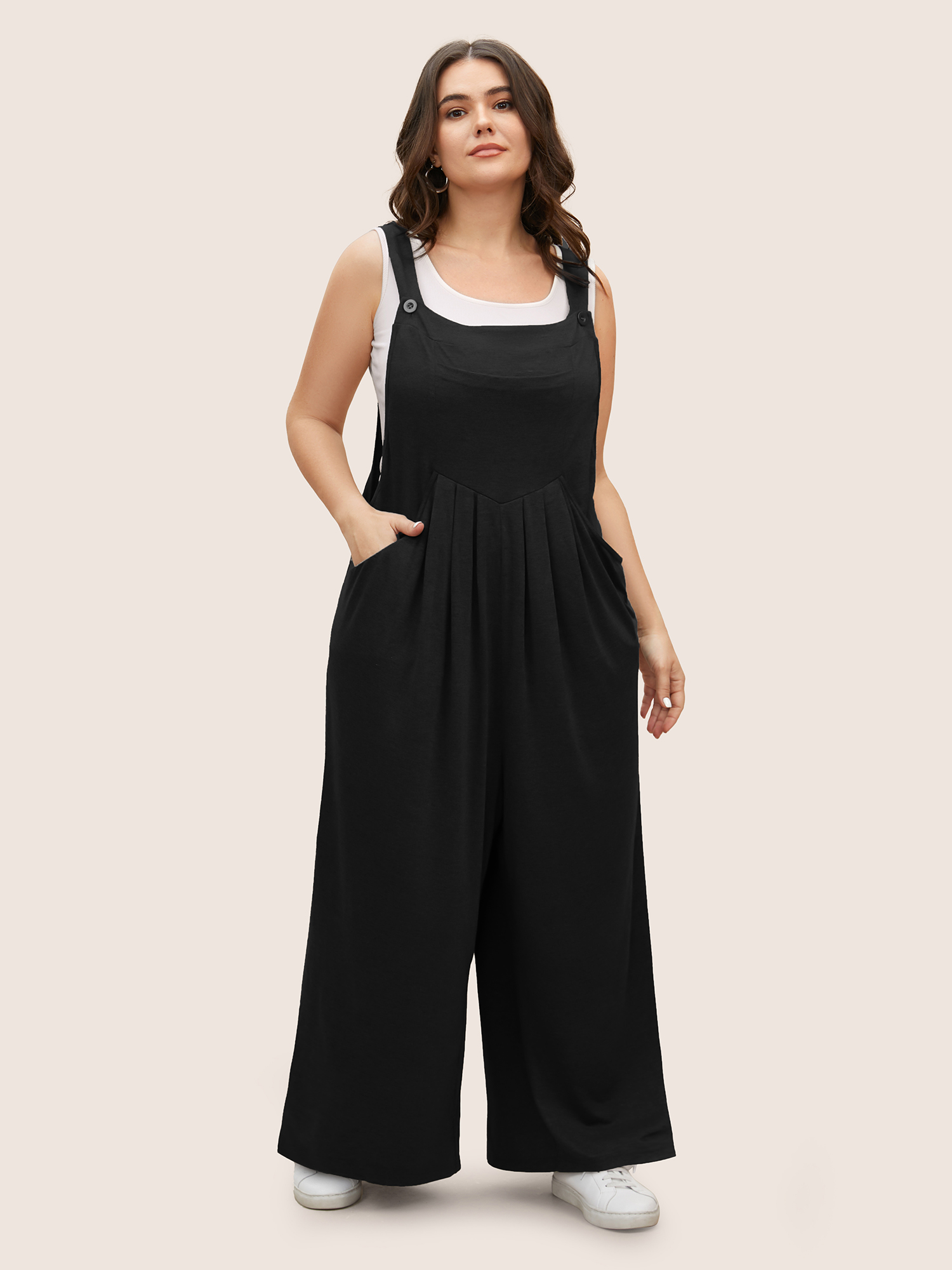 Plus Size Black Supersoft Essentials Solid Pleated Pocket Jumpsuit Women Casual Sleeveless Non Everyday Loose Jumpsuits BloomChic 14-16/1X 