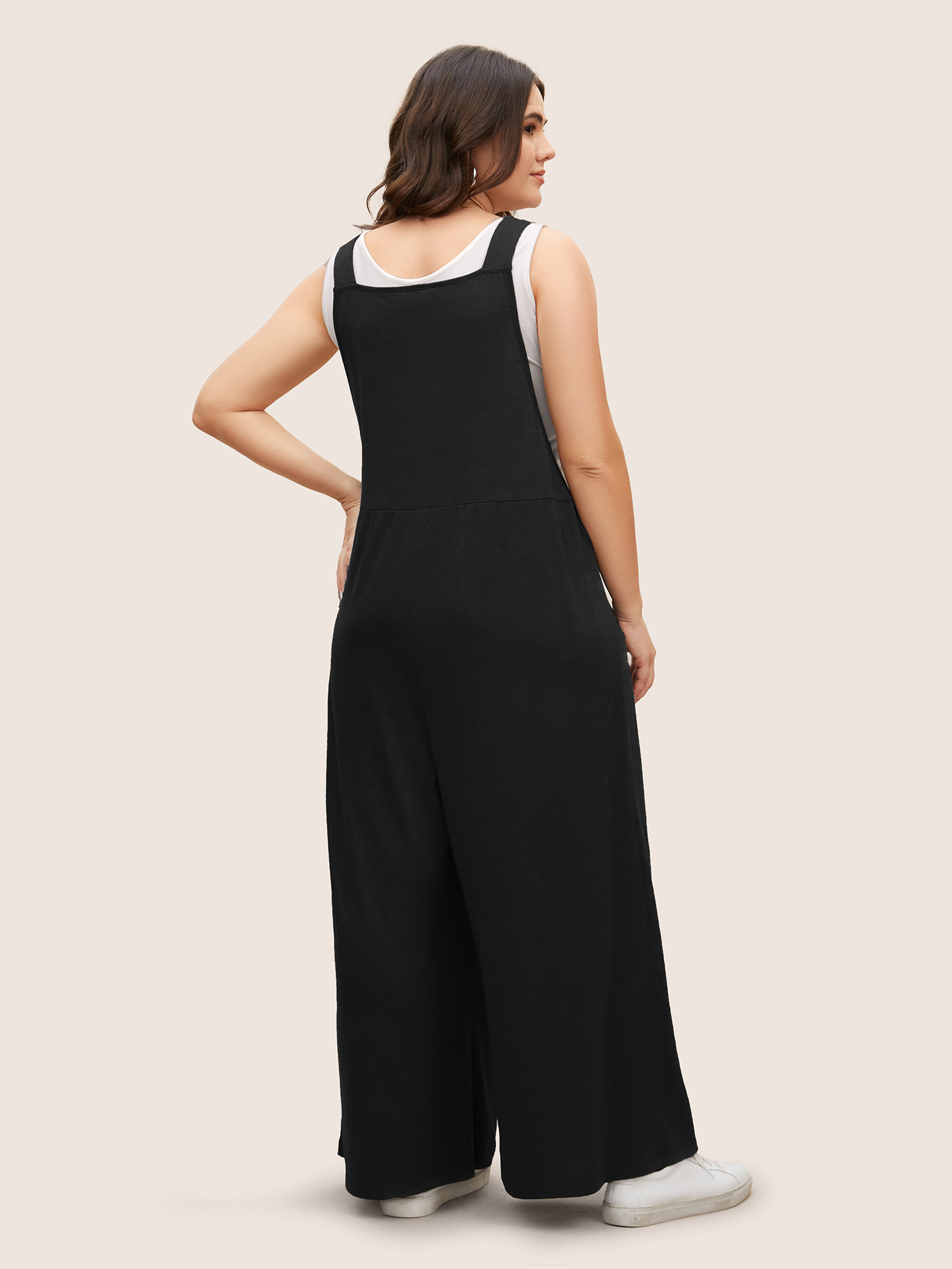 Plus Size Black Supersoft Essentials Solid Pleated Pocket Jumpsuit Women Casual Sleeveless Non Everyday Loose Jumpsuits BloomChic 14-16/1X 