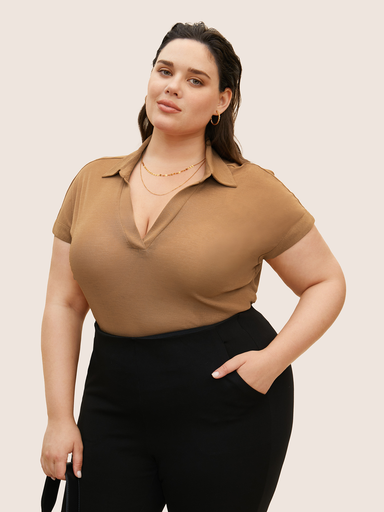 

Plus Size Shirt Collar Plain Dolman Sleeve T-shirt Yellowishbrown Women At the Office Non Shirt collar Work T-shirts BloomChic