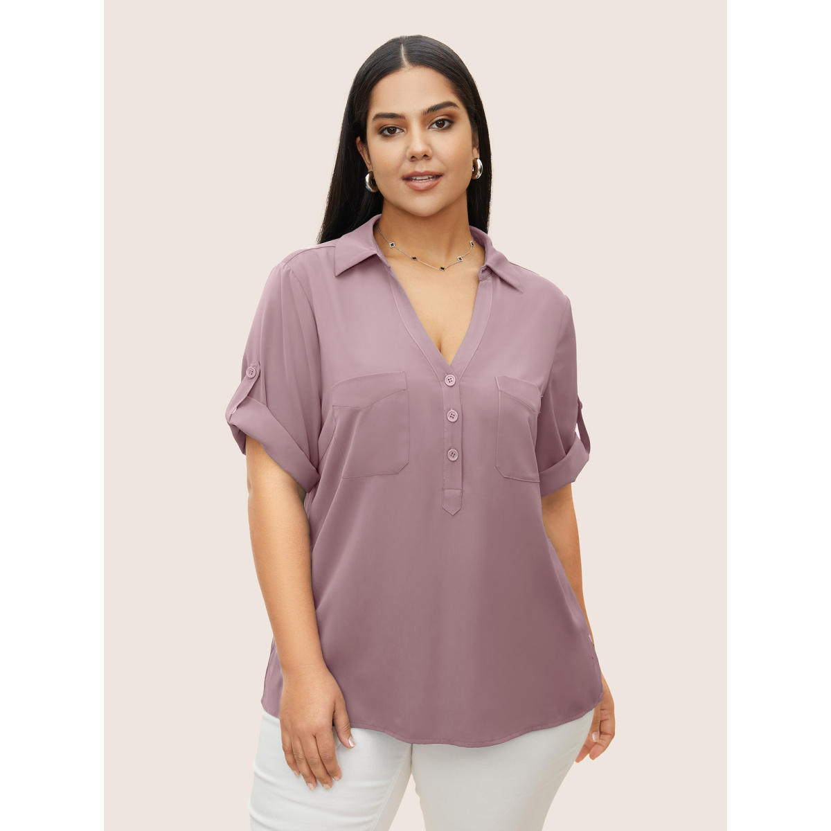 

Plus Size Mauve Anti-Wrinkle Shirt Collar Patched Pocket Tab Sleeve Blouse Women Work From Home Elbow-length sleeve Shirt collar Work Blouses BloomChic
