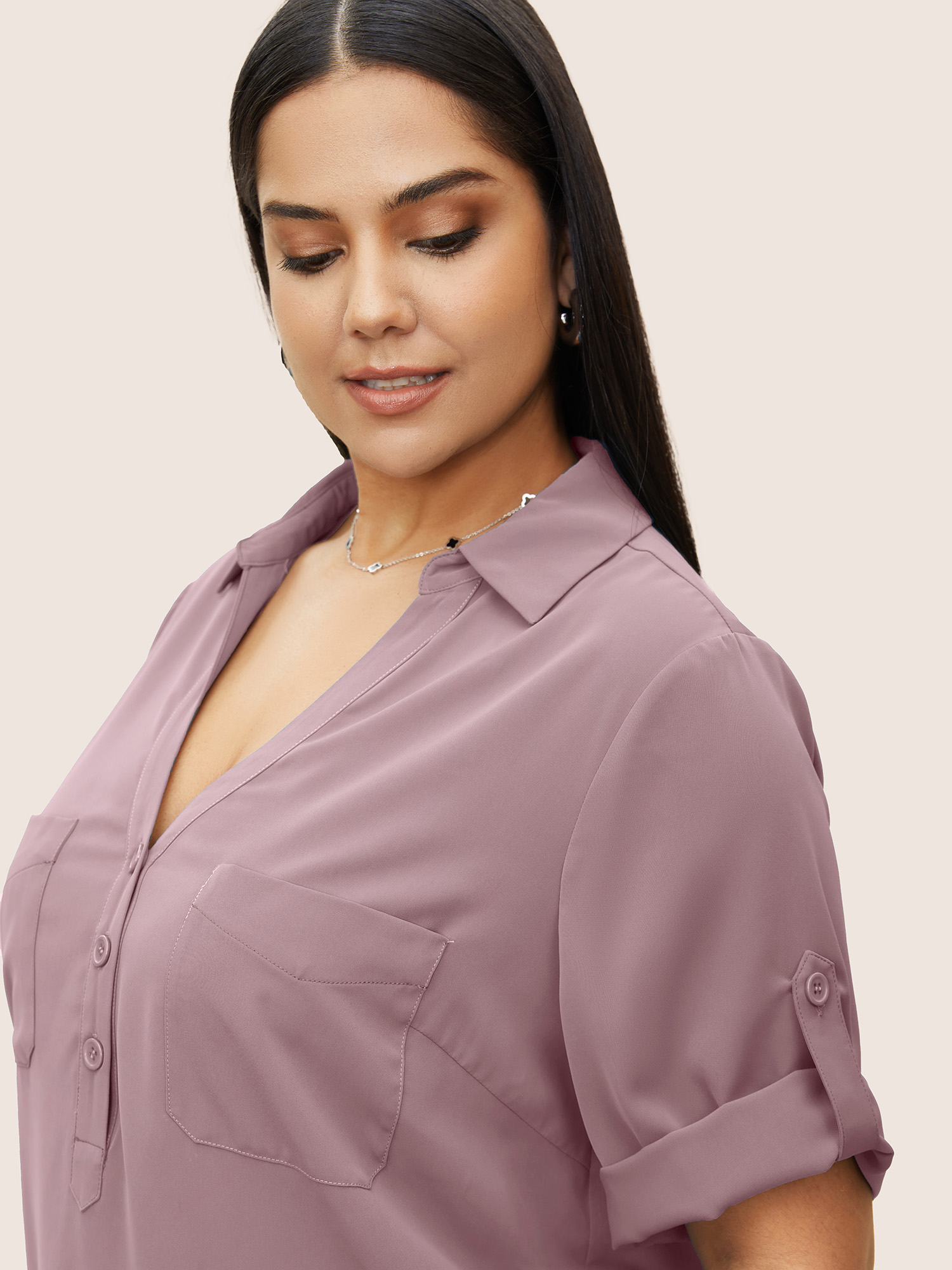 

Plus Size Mauve Anti-Wrinkle Shirt Collar Patched Pocket Tab Sleeve Blouse Women Work From Home Elbow-length sleeve Shirt collar Work Blouses BloomChic