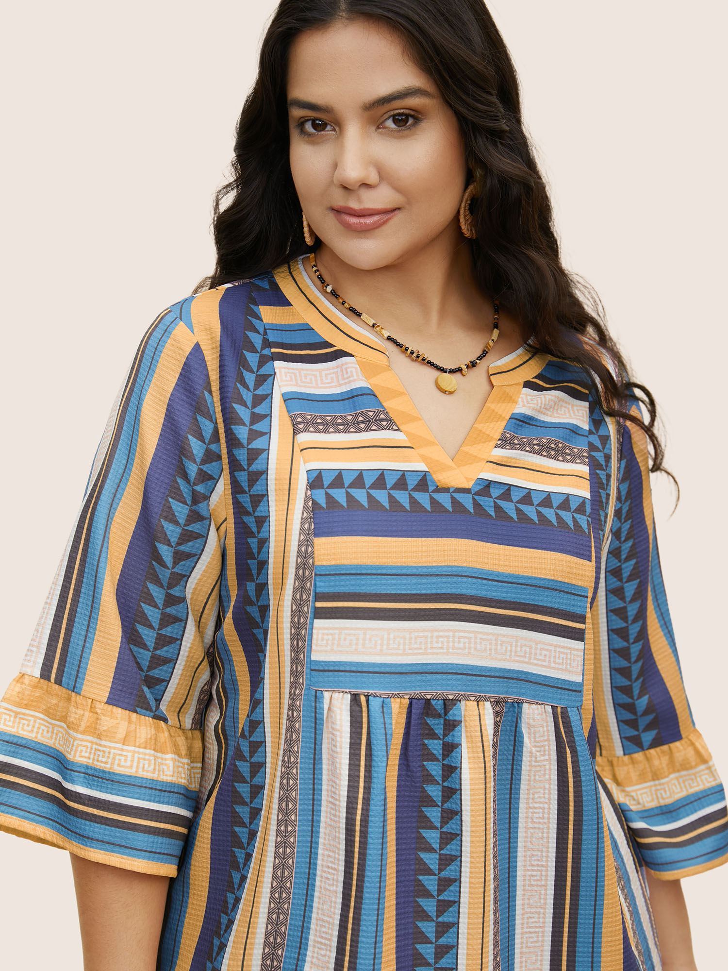 

Plus Size Multicolor Striped Notched Collar Ruffle Sleeve Blouse Women Resort Elbow-length sleeve Notched collar Vacation Blouses BloomChic