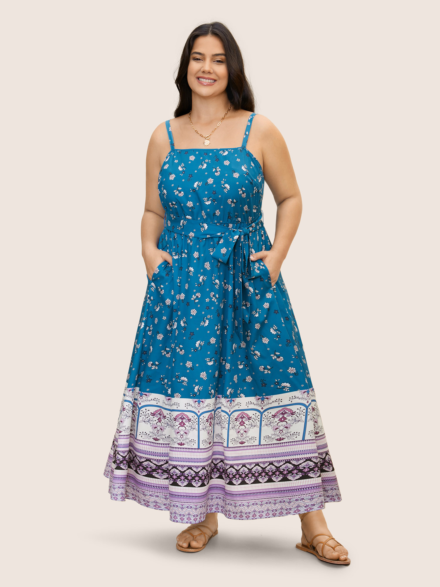 

Plus Size Boho Print Patchwork Belted Cami Dress Cerulean Women Resort Belted Non Sleeveless Curvy BloomChic