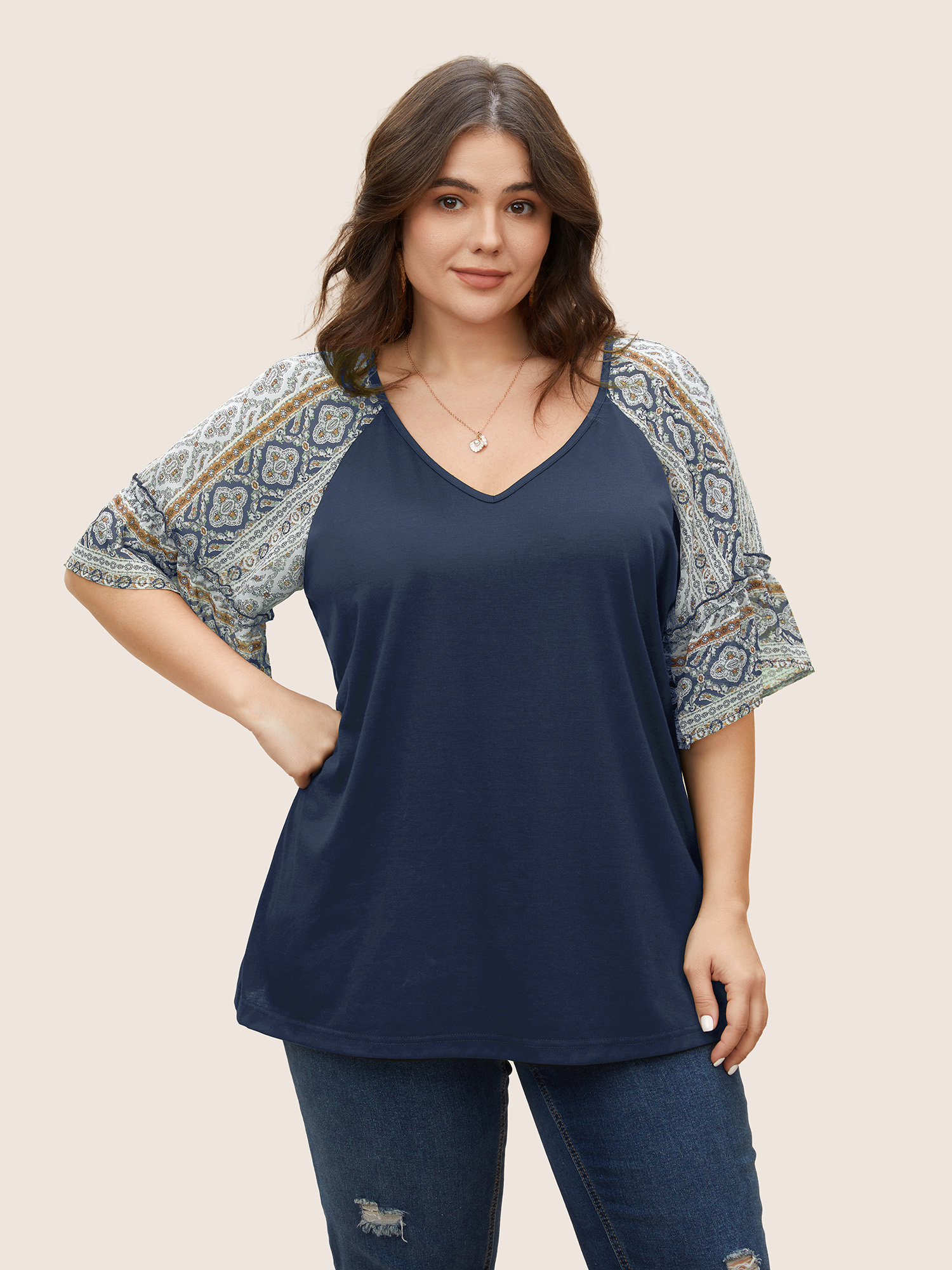 

Boho Print Patchwork Raglan Sleeve T-shirt, Indigo