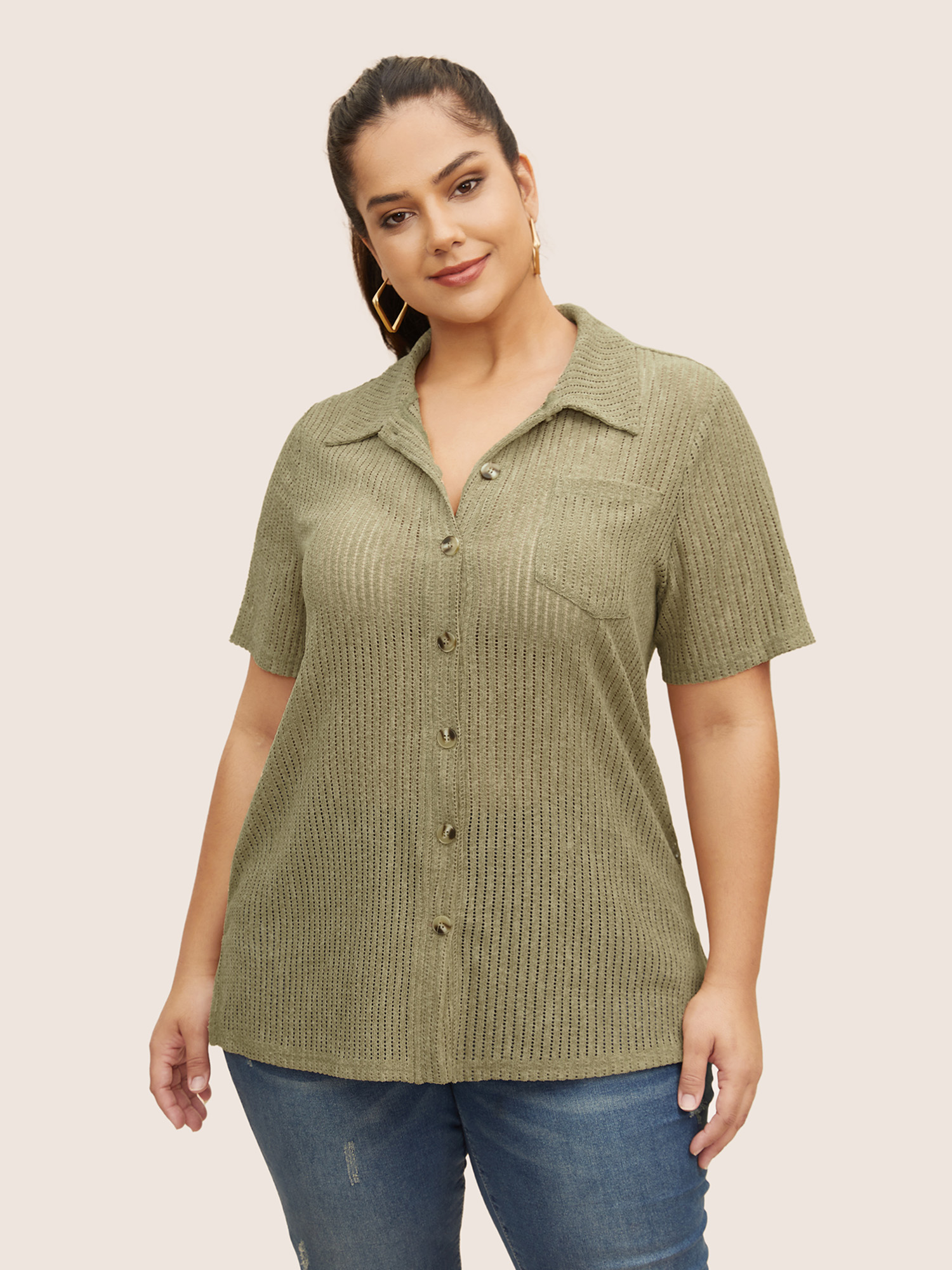 

Plus Size Textured Hollow Out Shirt Collar T-shirt Sage Women Casual Button Shirt collar Everyday T-shirts BloomChic