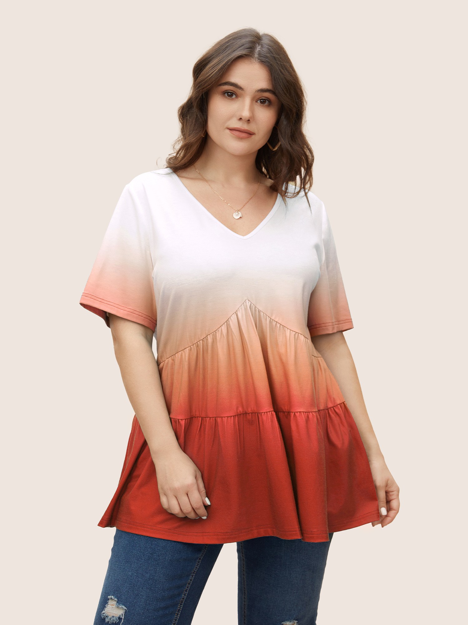 

V Neck Ombre Ruffle Layered Hem T-shirt, Orangered