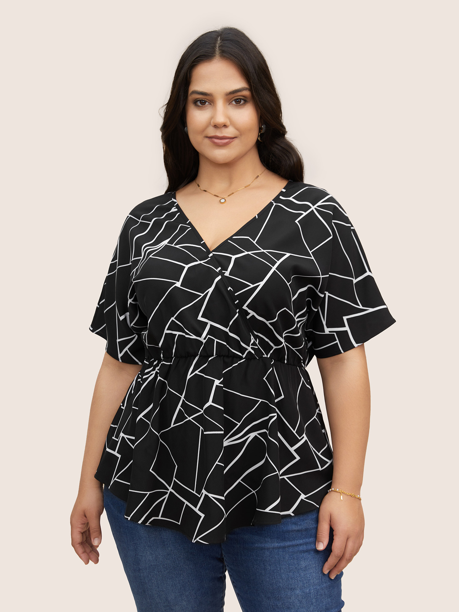 

Plus Size Black Geometric Overlap Collar Ruffle Sleeve Blouse Women At the Office Short sleeve Overlap Collar Work Blouses BloomChic